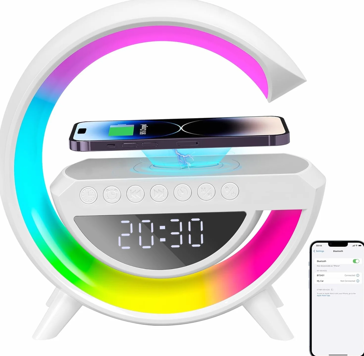 Lampe de Charge Sans Fil Bluetooth Multifonctionnelle 5-en-1 avec Veilleuse RVB et Réveil Numérique
