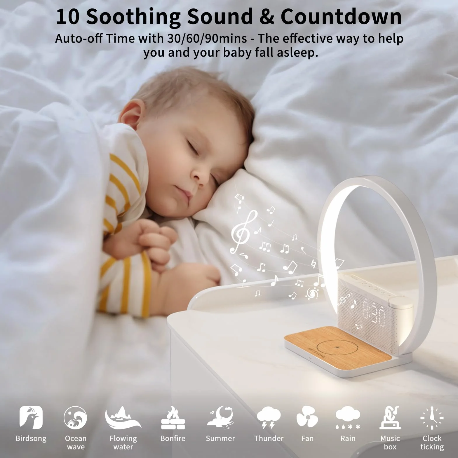 Lampe de chevet tactile avec chargeur sans fil Qi 10W, réveil lumineux 10 sons, 3 niveaux de luminosité chambre