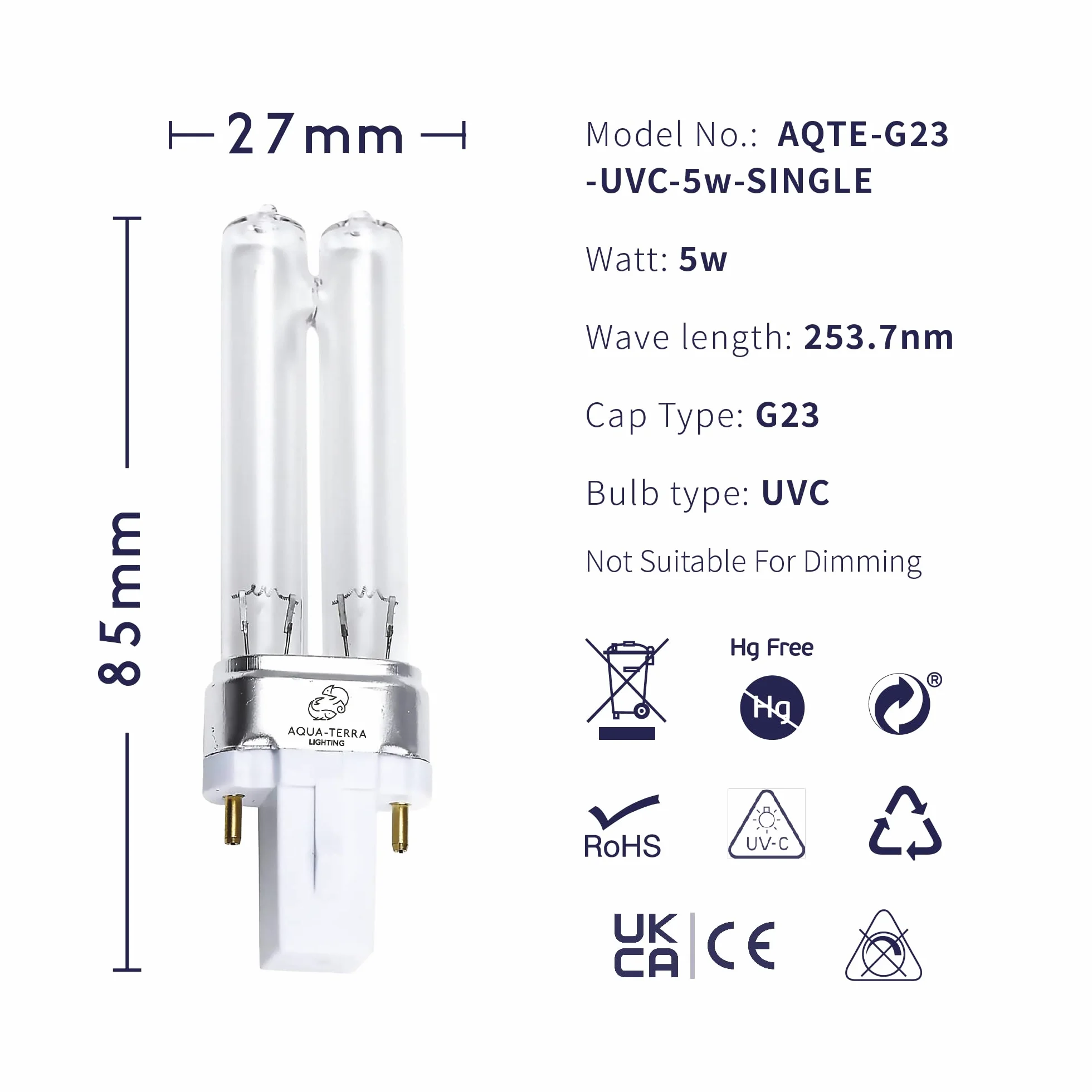 Ampoule UVC 5 W G23 2 broches PLS pour filtre de bassin et clarificateur