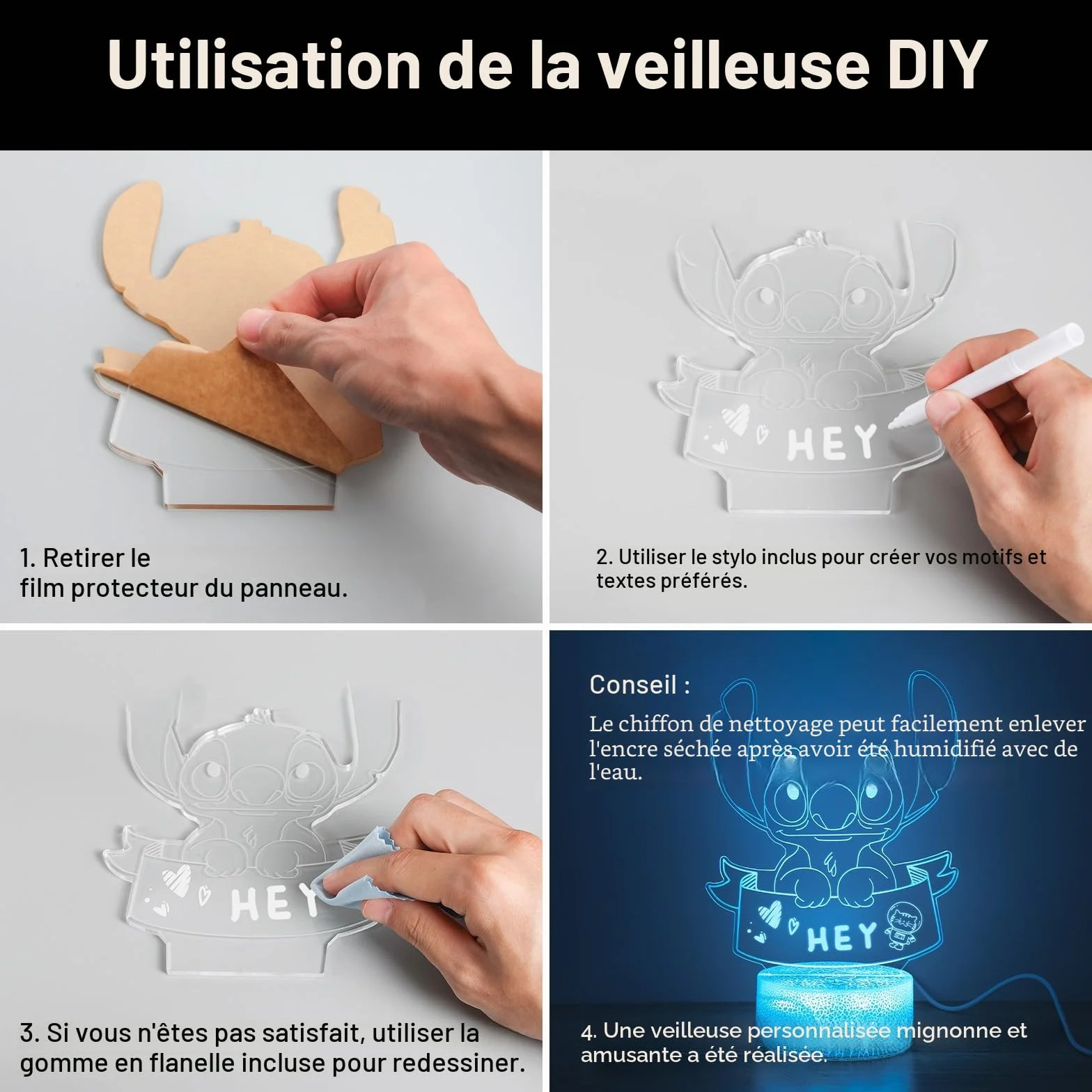 Lampe Stitch 3D LED DIY 16 Couleurs Veilleuse Personnalisable avec 2 Feutres Effaçables Télécommande 4 Modes