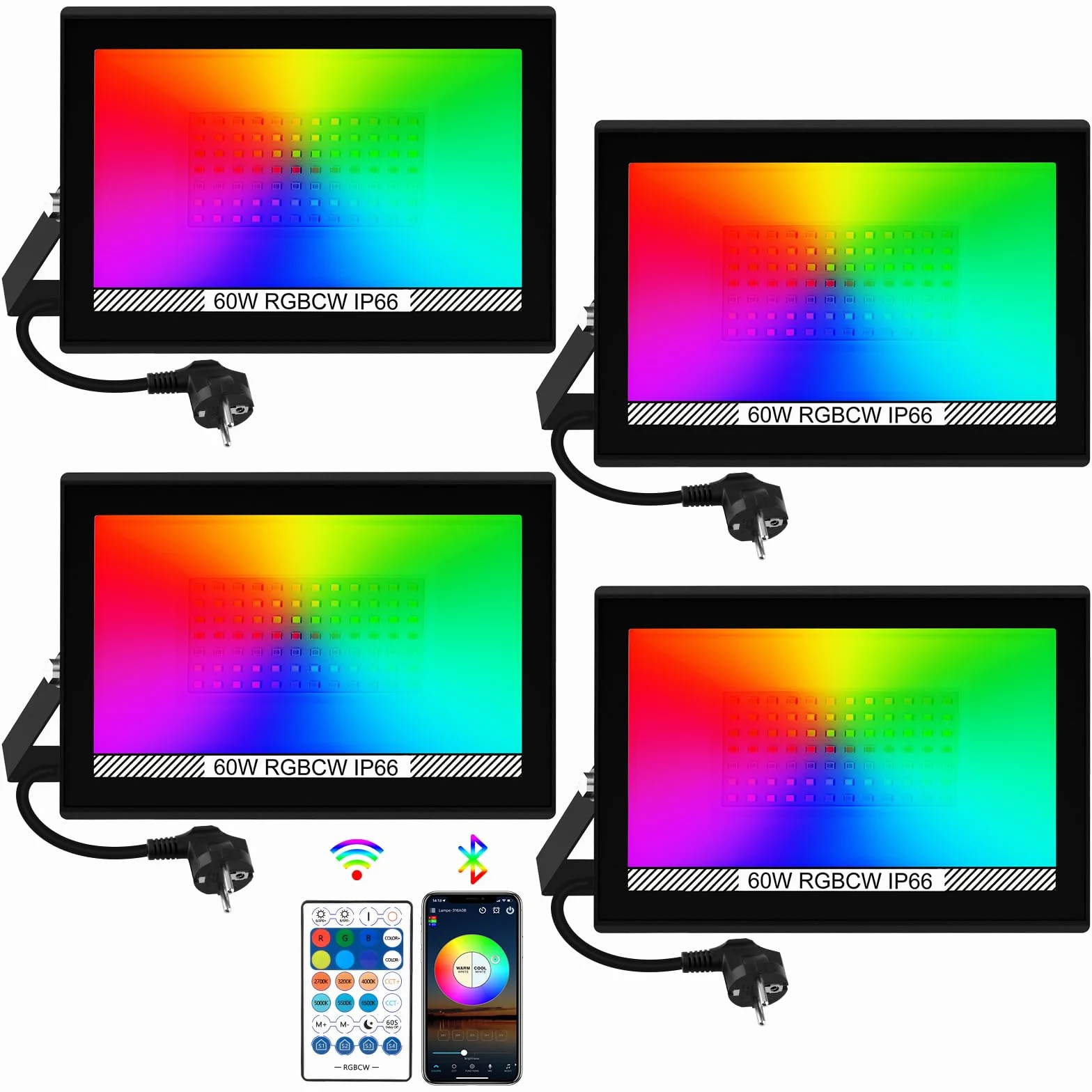 Projecteur LED RGB Extérieur 60W avec APP Bluetooth et Télécommande IP66 Etanche 4 Pièces
