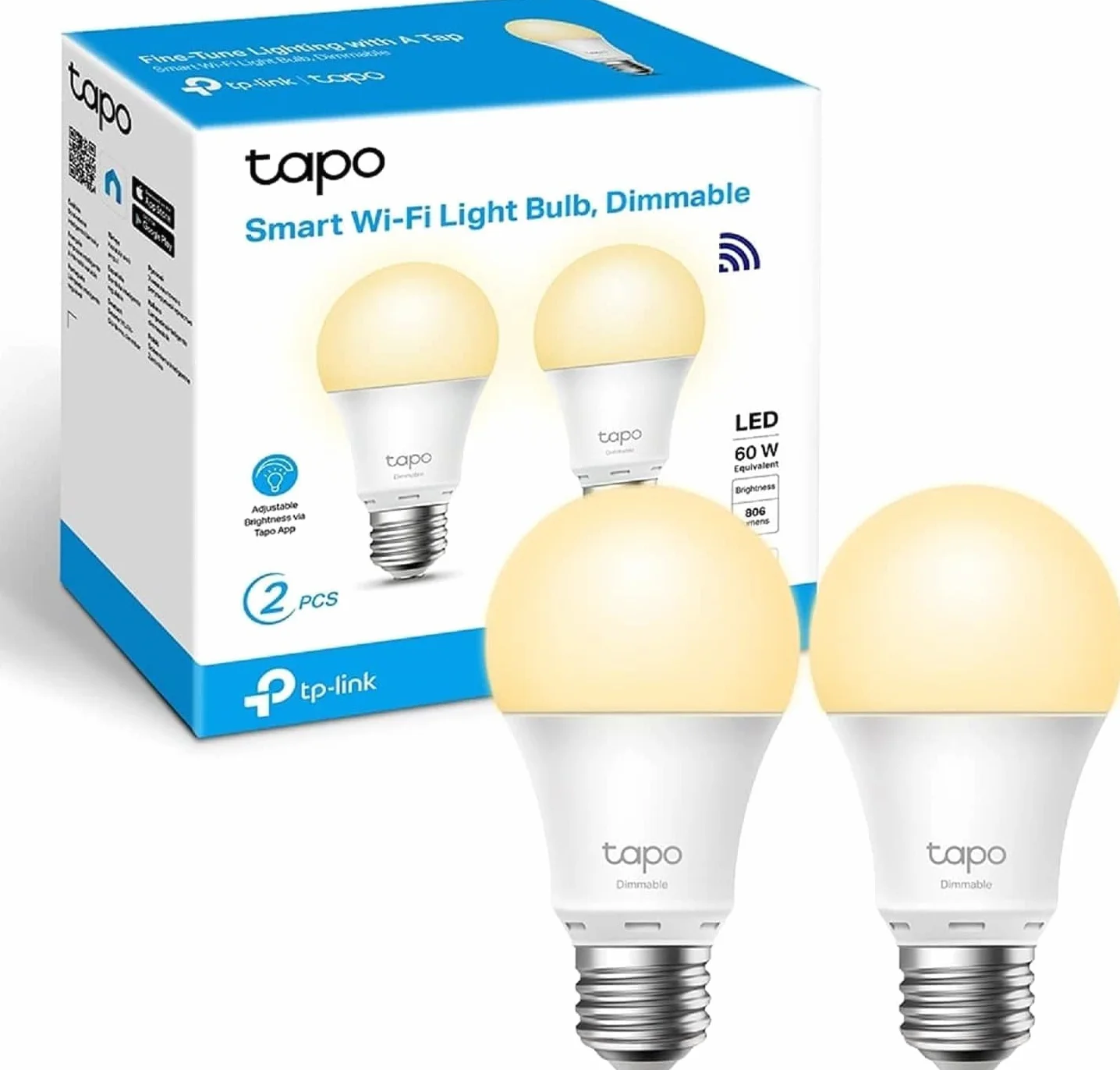 Tapo Ampoule Connectée WiFi LED E27 Blanc Chaud 2700K Dimmable 8.7W 806Lm Compatible Alexa Google Home L510E 2-pack
