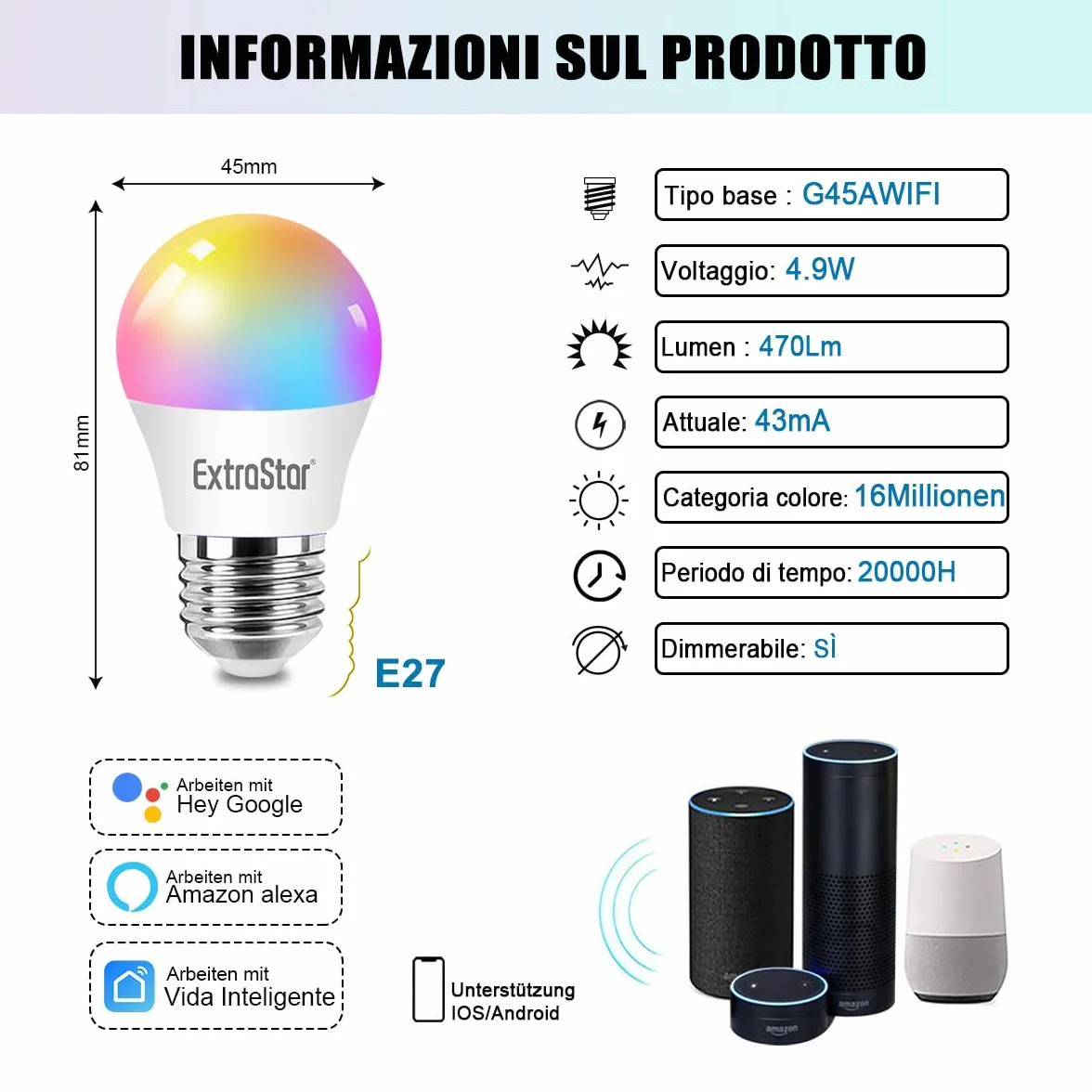 EXTRASTAR E27 Ampoule Connectée WiFi LED 4.9W 470LM 6500K RGBW avec Télécommande Compatible Alexa Google Home