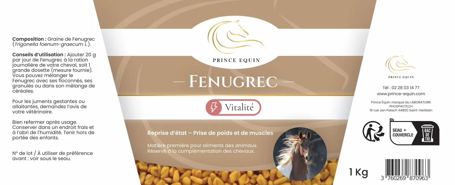 FENUGREC Complément nutritionnel Cheval Seau 1 kg Développement des Muscles Energie Marque Française