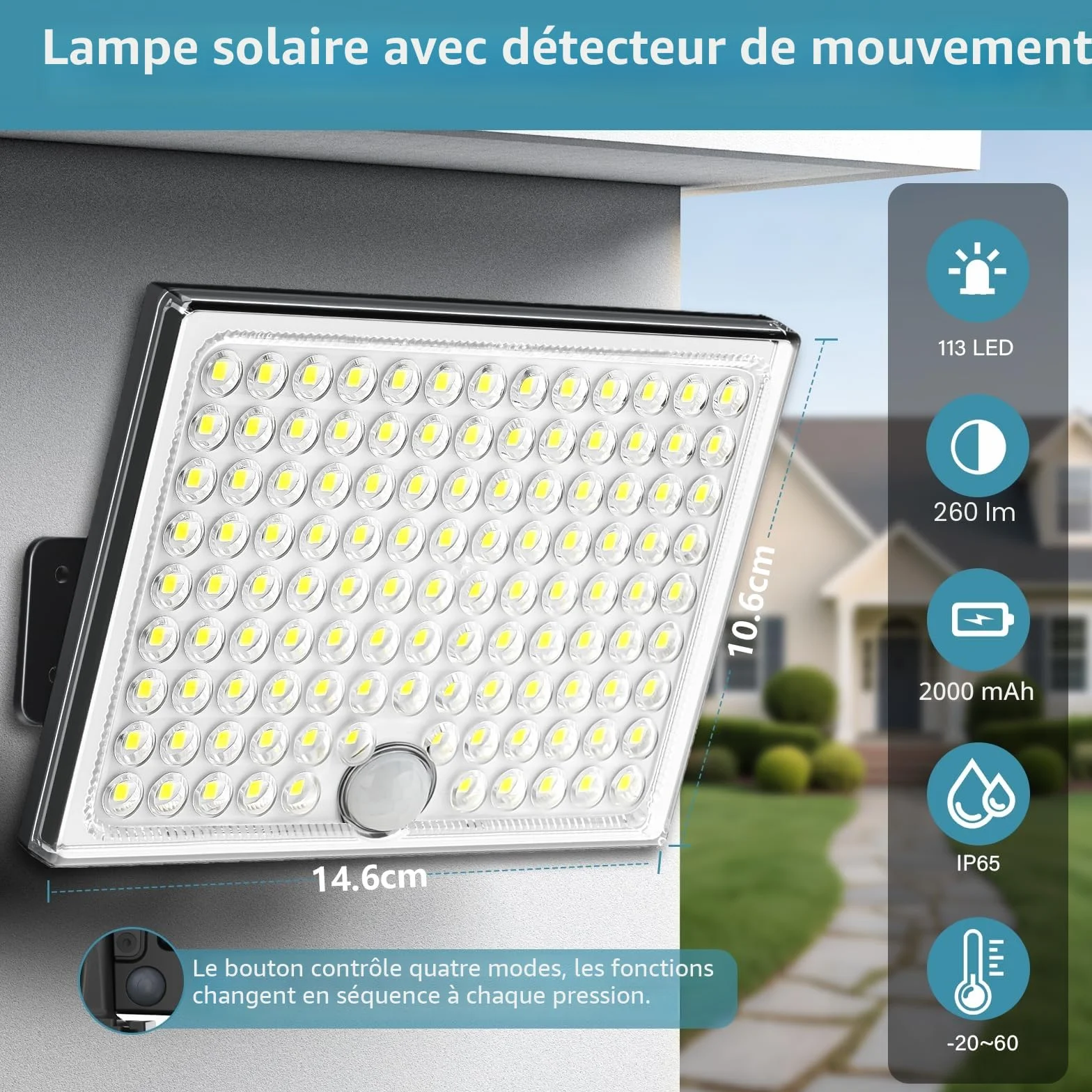 Lampe Solaire Extérieure 113 LED 2000 mAh IP65 Détecteur de Mouvement 4 Modes Étanche Spot LED Jardin Garage 5M Câble