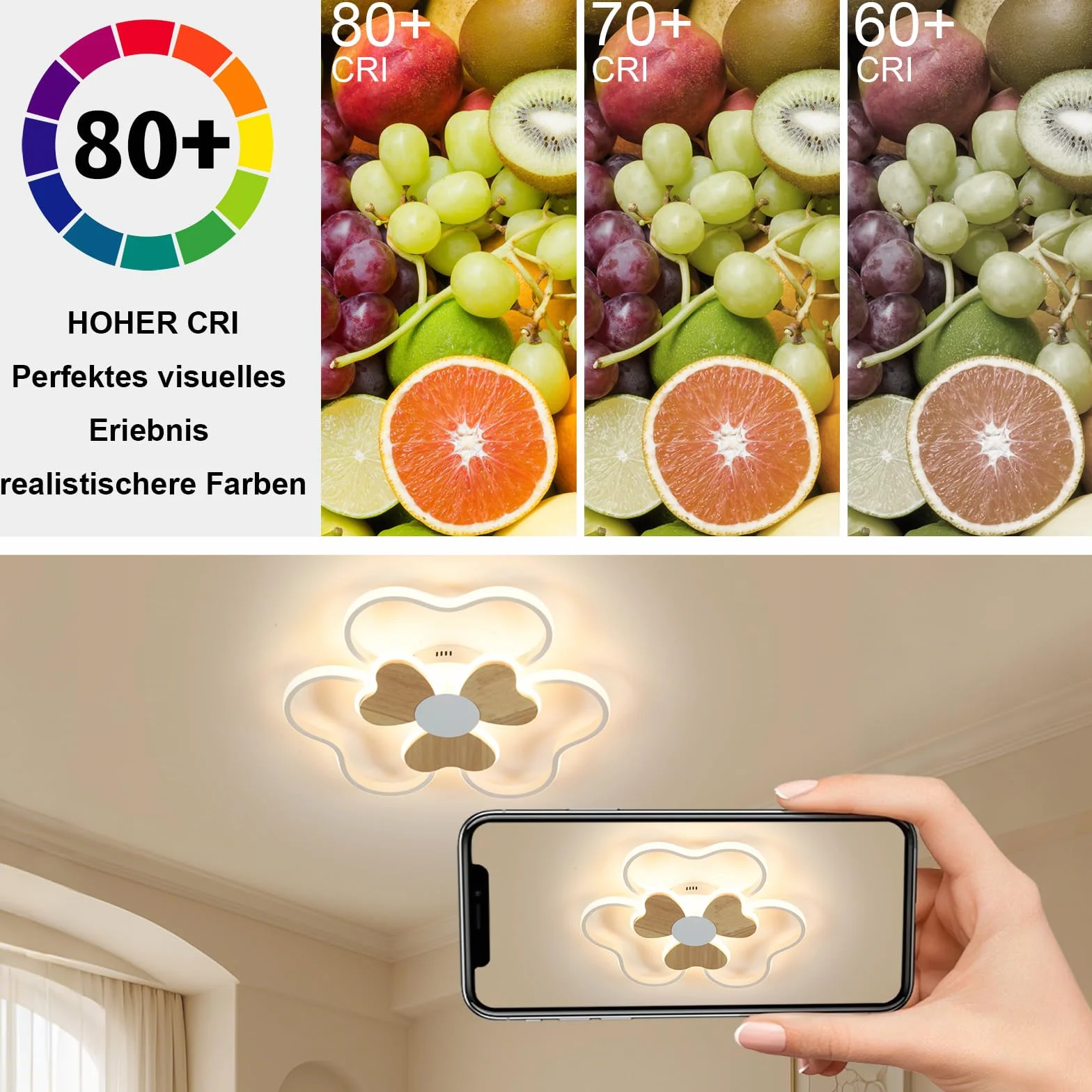 Plafonnier LED 48W 50cm Forme Fleur Bois Dimmable avec Télécommande 3000K-6000K