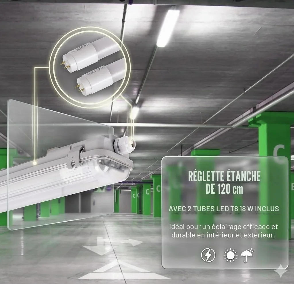 BARCELONA LED Kit Plafonnier Étanche 120cm 2x T8 18W 6000K Blanc Froid IP65 Polycarbonate Garage Bureau Entrepôt