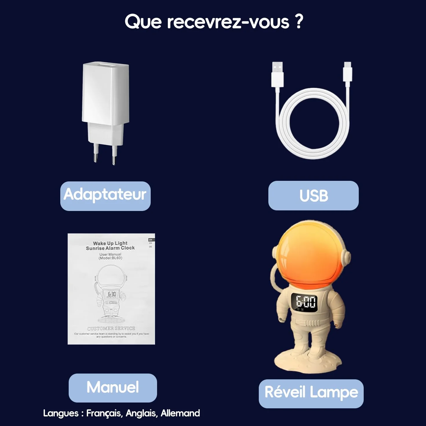 Réveil simulateur d'aube Bluetooth 7 Sonneries 21 Sons de Sommeil 22 Couleurs lumière Astronaute Enfant
