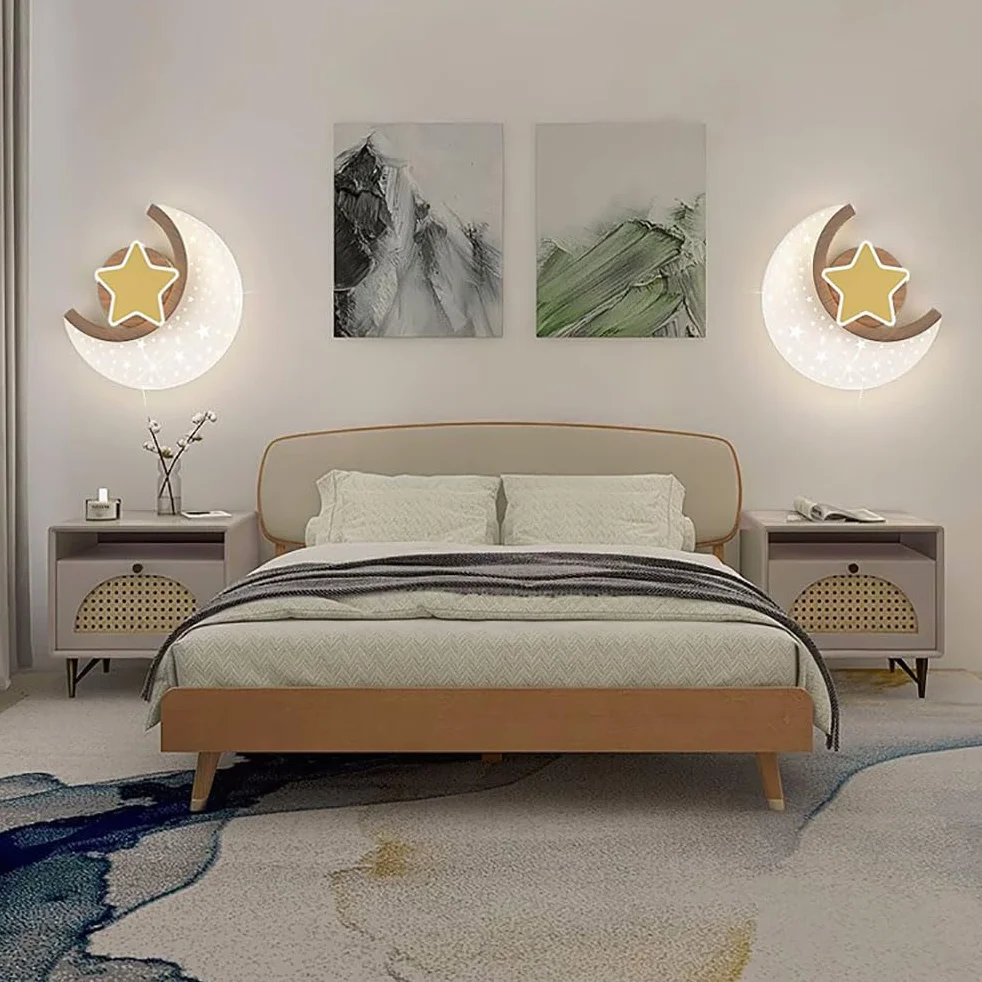 Applique LED Lune Bois 12W Lampe Murale Enfants Etoiles et Lune 3 Couleurs Température Chambre à coucher