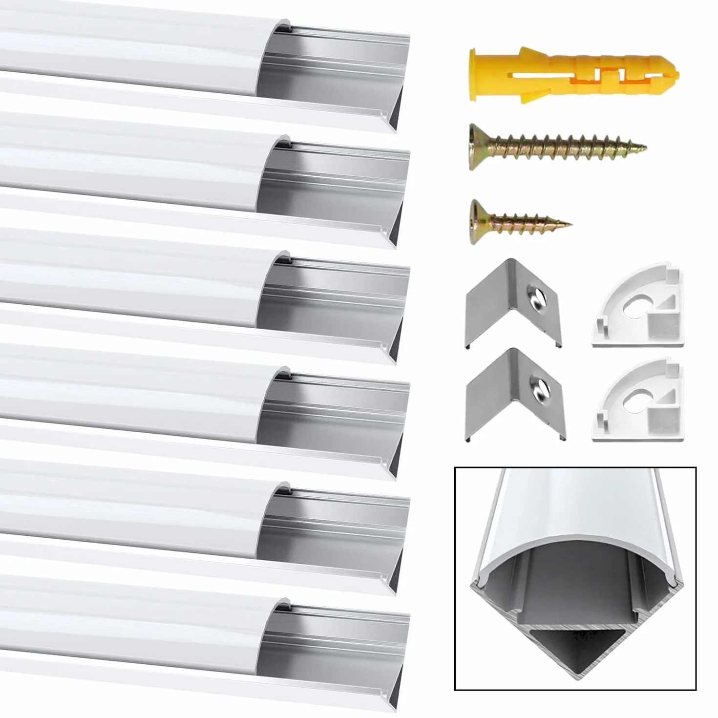 Profilé Aluminium LED V-Forme 6x1mètre avec Couvercle Blanc Laiteux, Embouts, Clips et Connecteurs