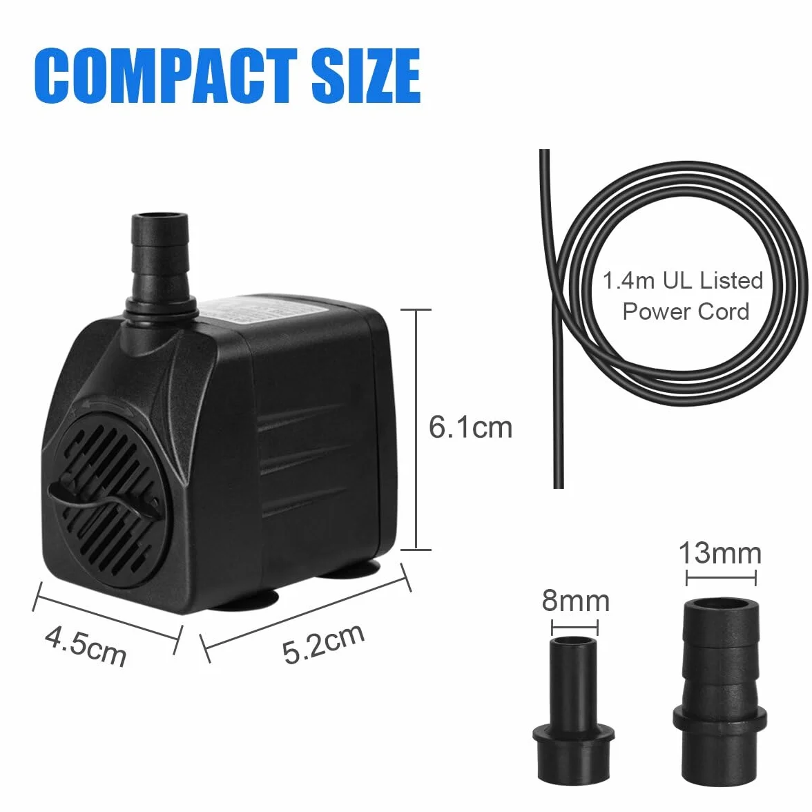 Pompe Eau Submersible 10W 600L/H Ultra-Silencieux Aquarium avec 4 Pieds de Ventouses 2 Buses