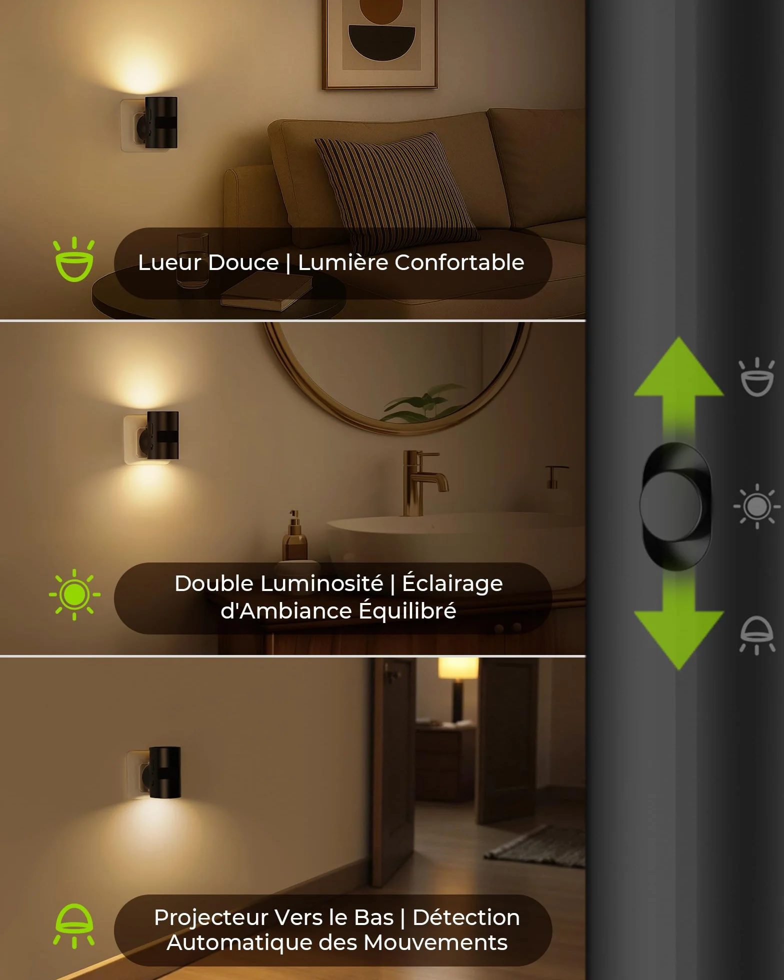 AUVON Veilleuse Prise Electrique avec Détecteur de Mouvement et Capteur Crépusculaire, Luminosité Réglable, Rotation 90°