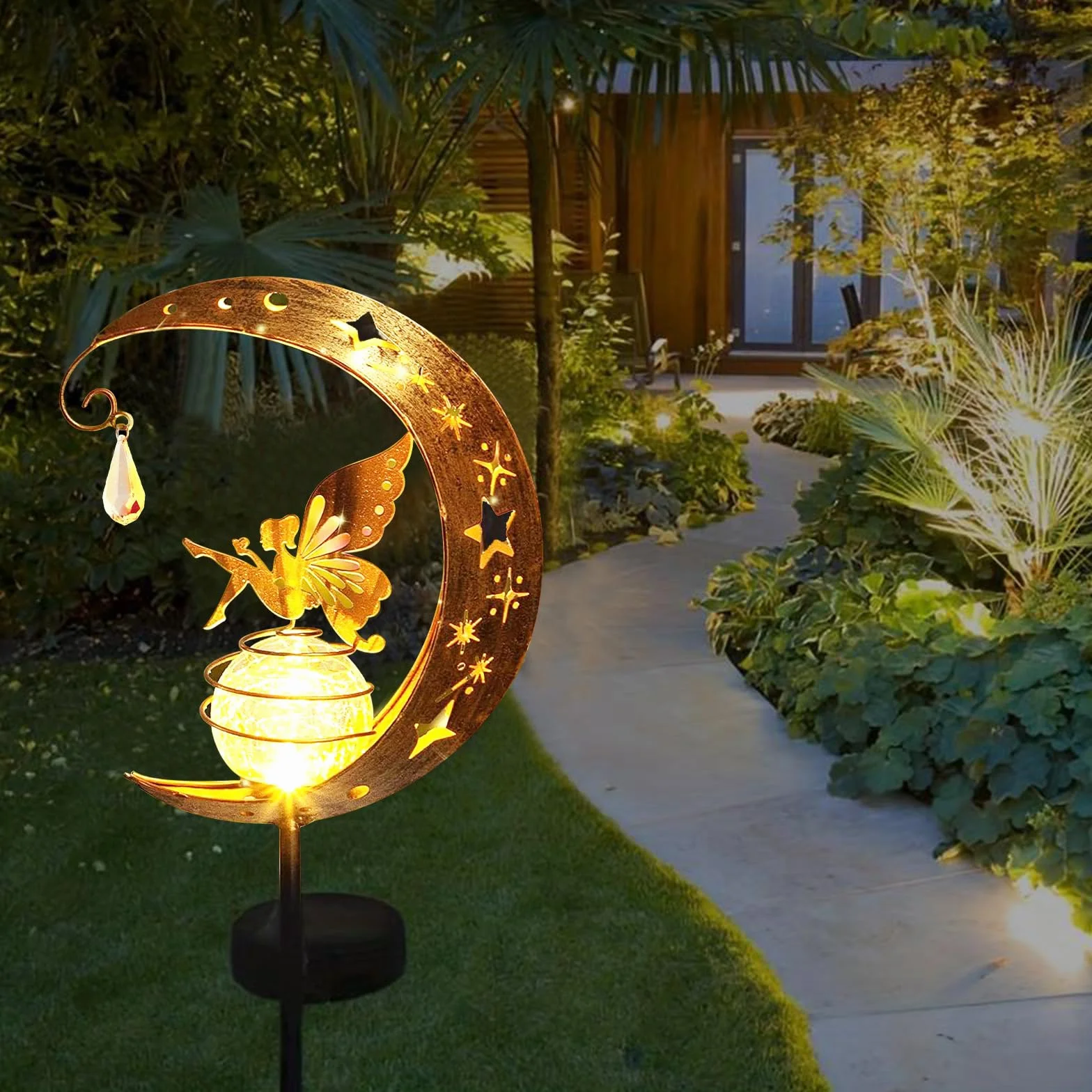 Euakee Solaires de Jardin Lampe Solaire Lune Boule Verre Fissuré Étanche Lumiere Exterieur Decorative Chemin Pelouse Patio Balcon Cour