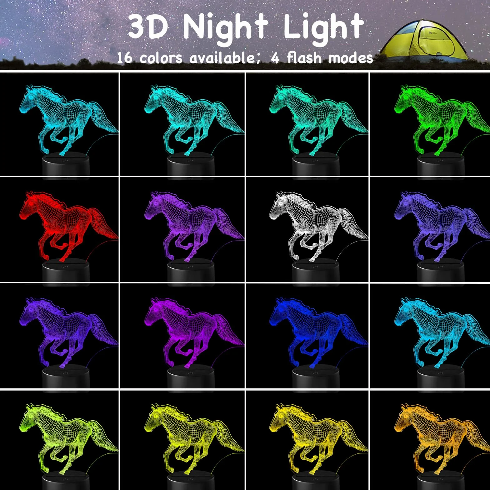 3D Lampe Cheval Veilleuse Enfant 16 Couleurs USB Batterie Interrupteur Effleurement Cadeau