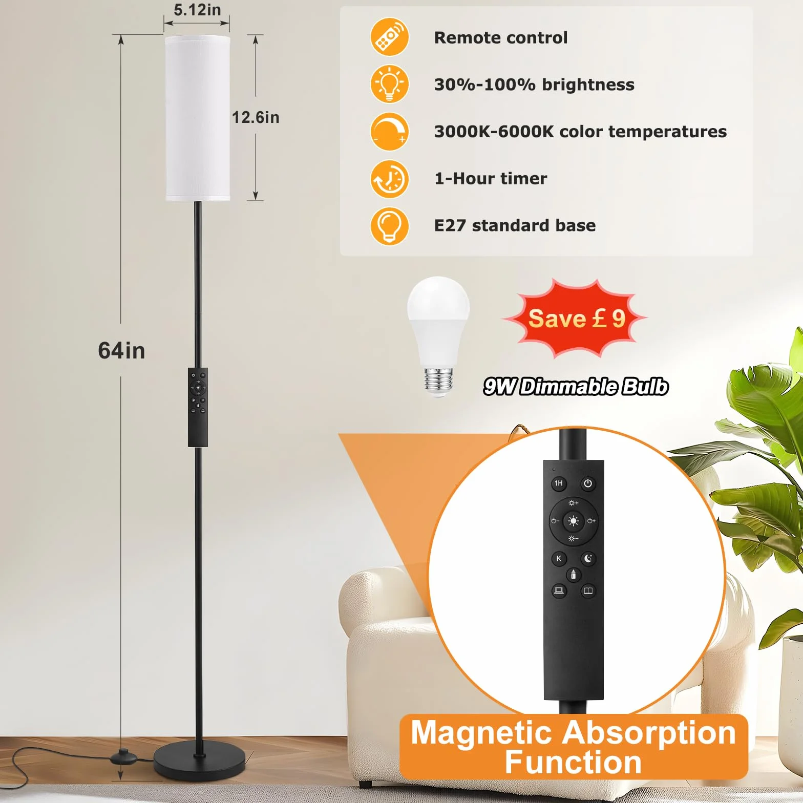 Lampadaire sur Pied Moderne à Intensité Variable avec Télécommande, 4 Températures, Abat-jour en Lin, Lampe Vintage pour Salon Chambre Bureau