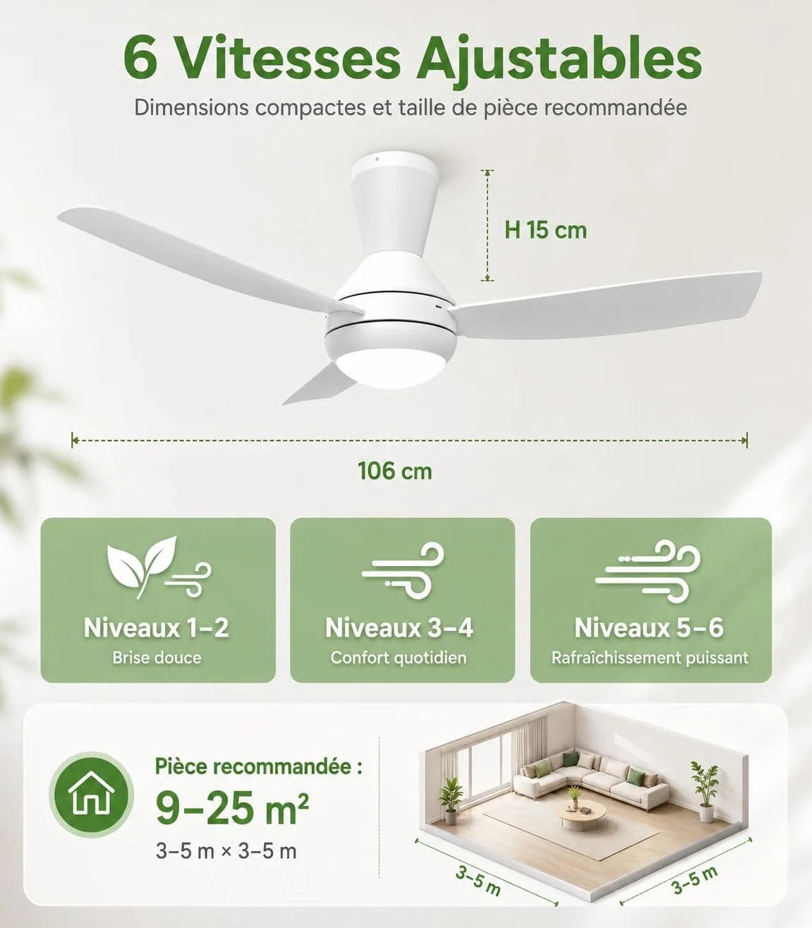 Airwit Ventilateur Plafond avec Lumiere LED 106cm, 3 Pales, Dimmable, Telecommande, Blanc