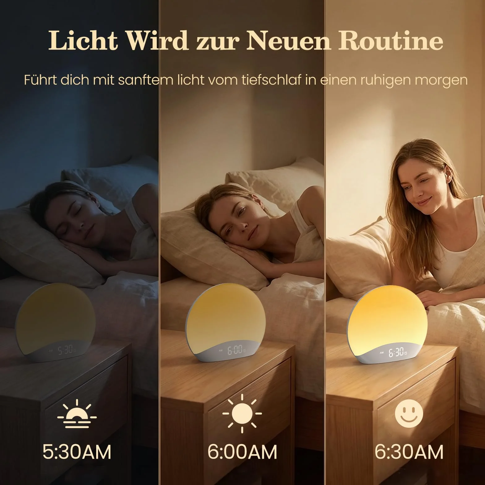 Réveil Lumière Simulant l’Aube avec Bruits Blancs, Lampe de Réveil Veilleuse Horloge Numérique Dimable 0–100%, 26 Sons Relaxants