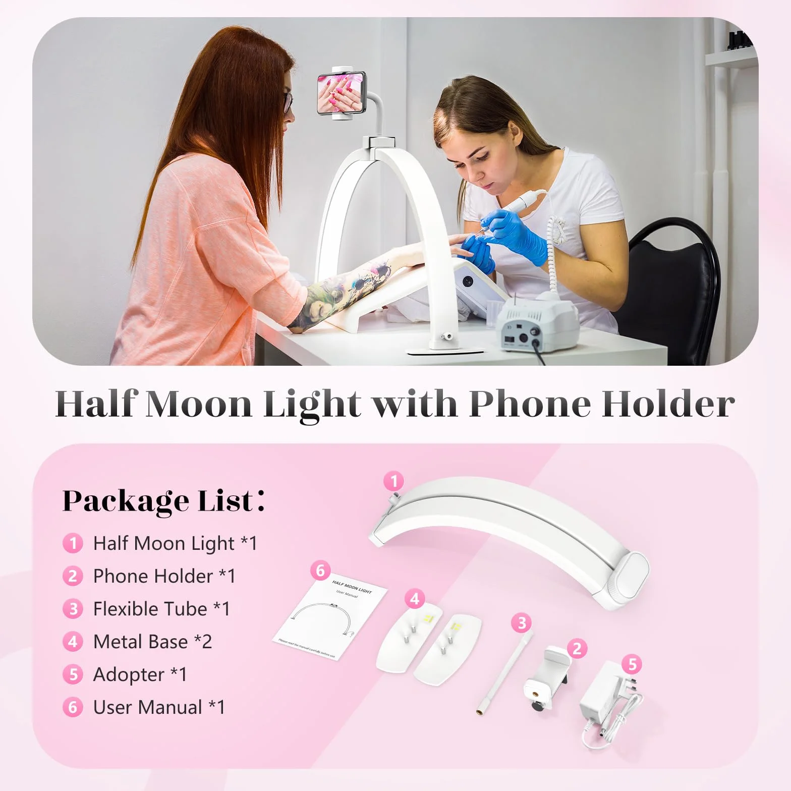 Lampe Demi-lune pour Ongles 23" 3 Modes de Couleur 10 Niveaux de Luminosité Réglables Blanc