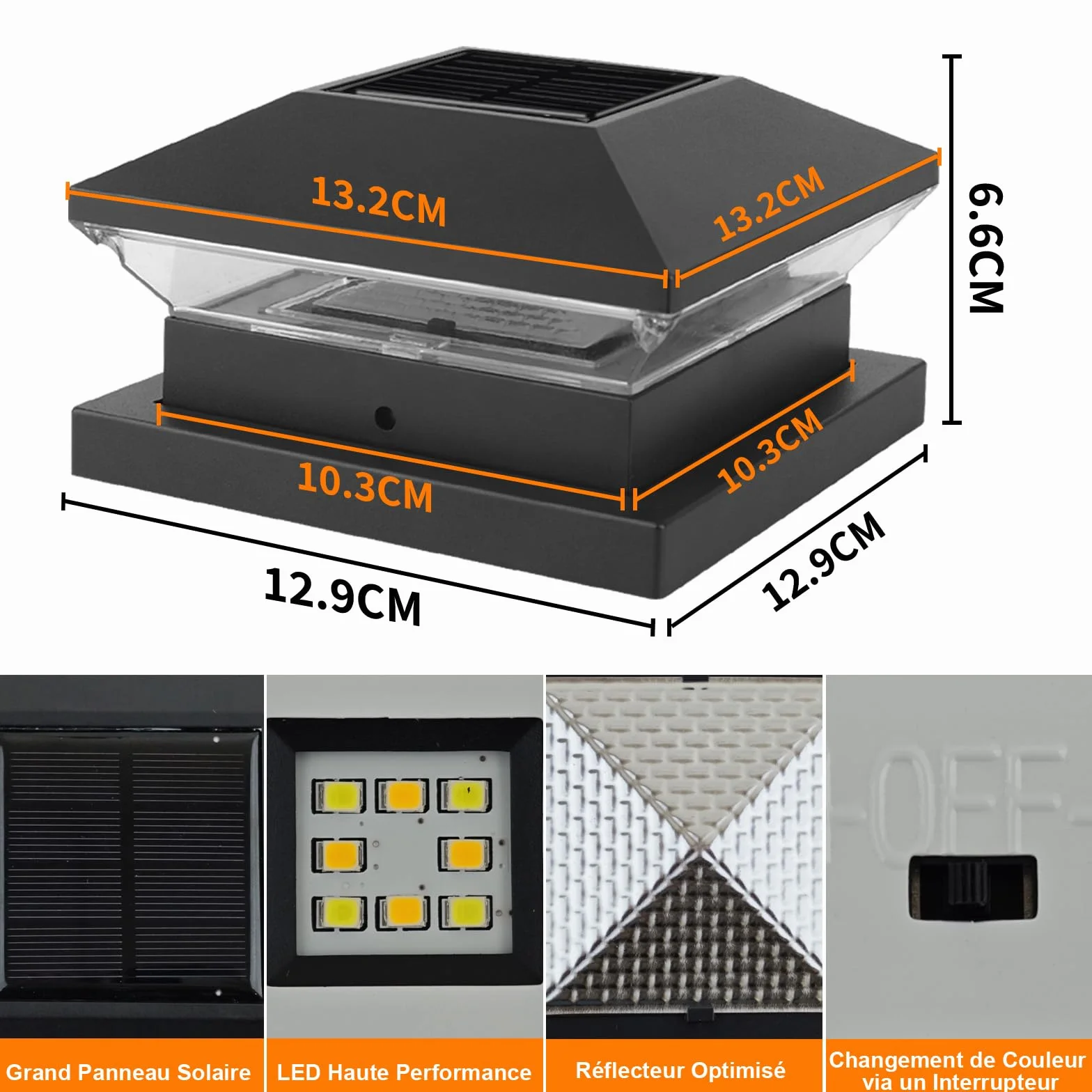 NATPOW Capuchon de Poteau Solaire IP65 3000K/6000K Lot de 2 Étanche Extérieure