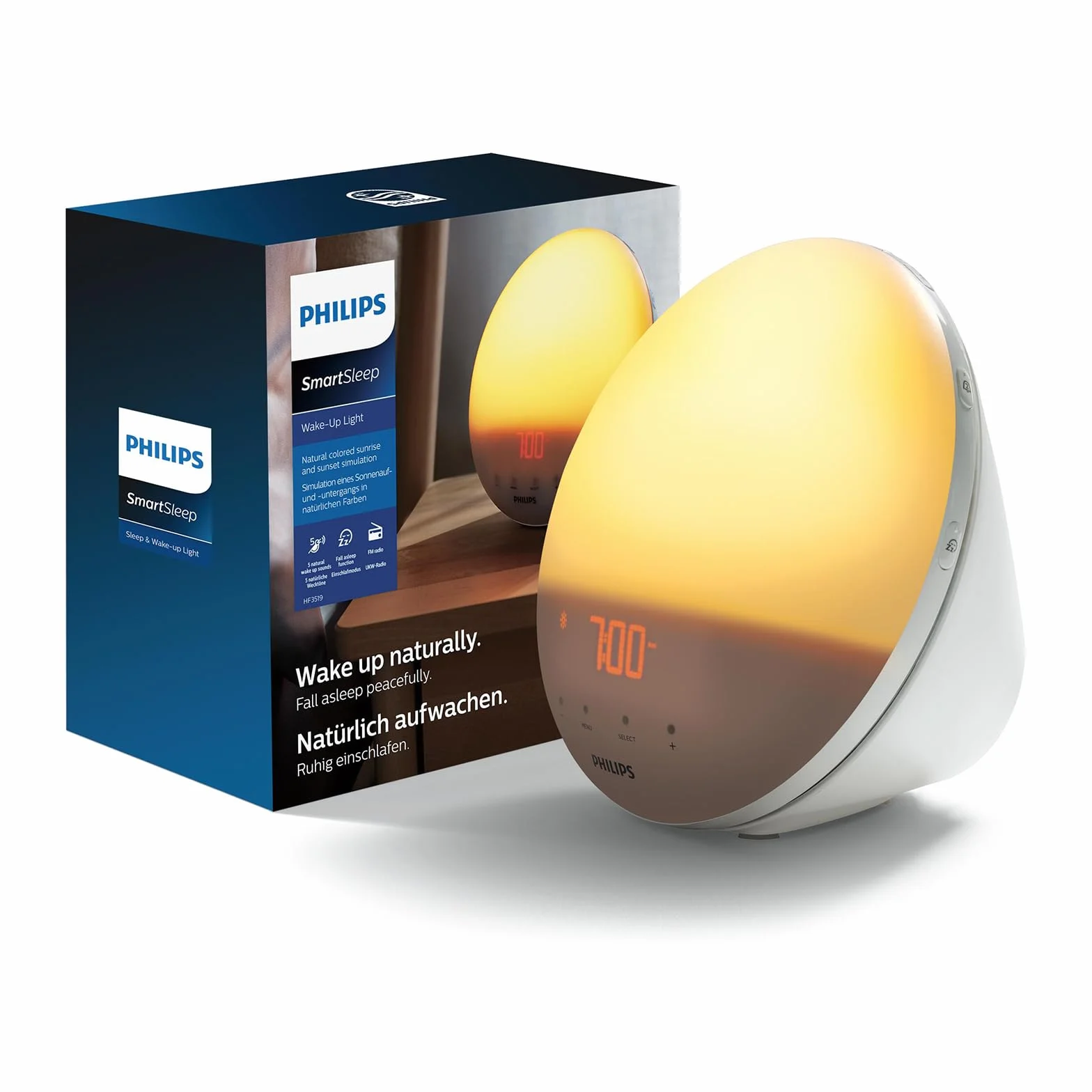 PHILIPS SmartSleep Wake-up Light HF3521/01 – Lampe de réveil avec simulation colorée du lever de soleil, 20 niveaux de luminosité, 6 sons naturels, éclairage nocturne
