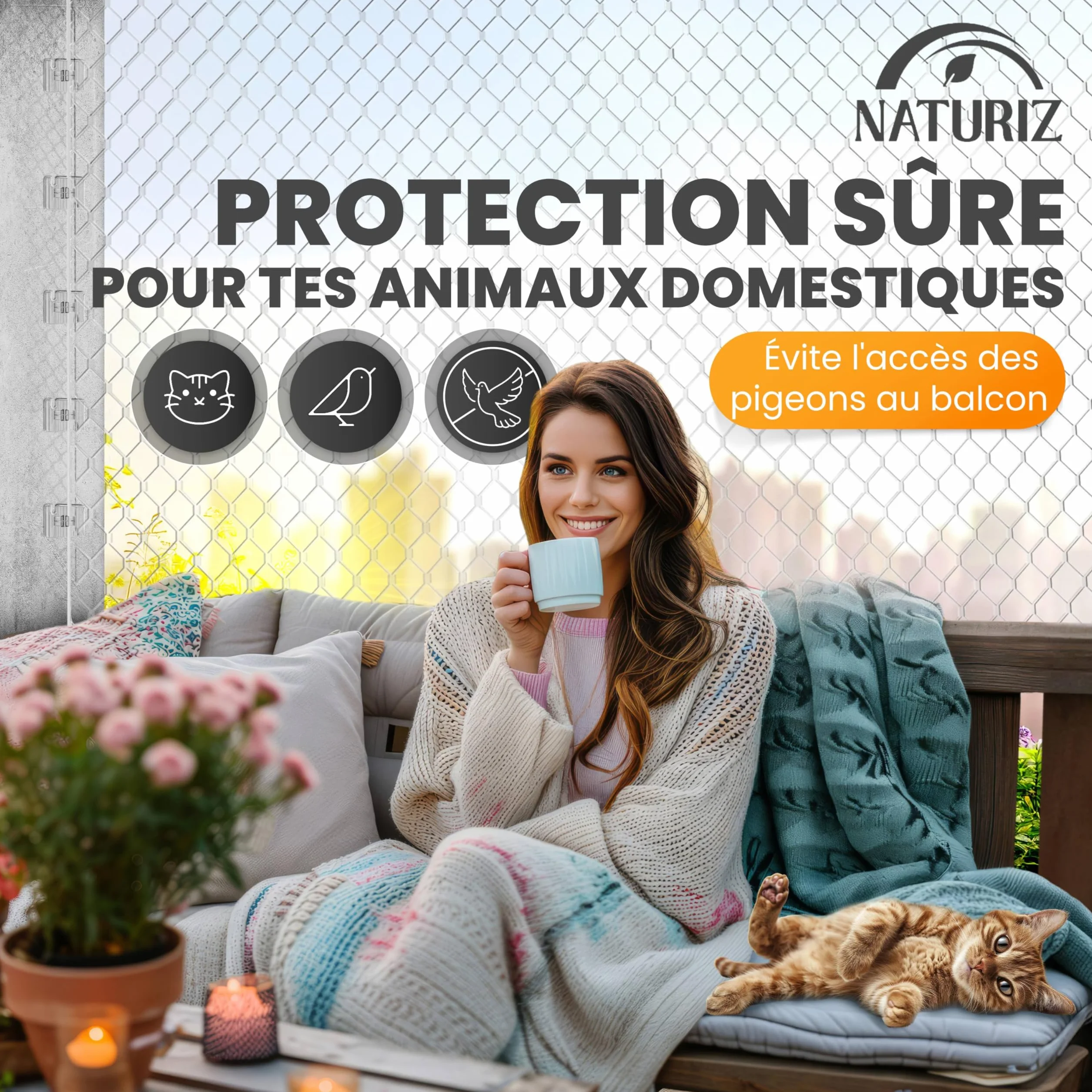 Naturiz Filet de protection pour chat pour balcon sans perçage avec crochets adhésifs et silicone - Filet transparent