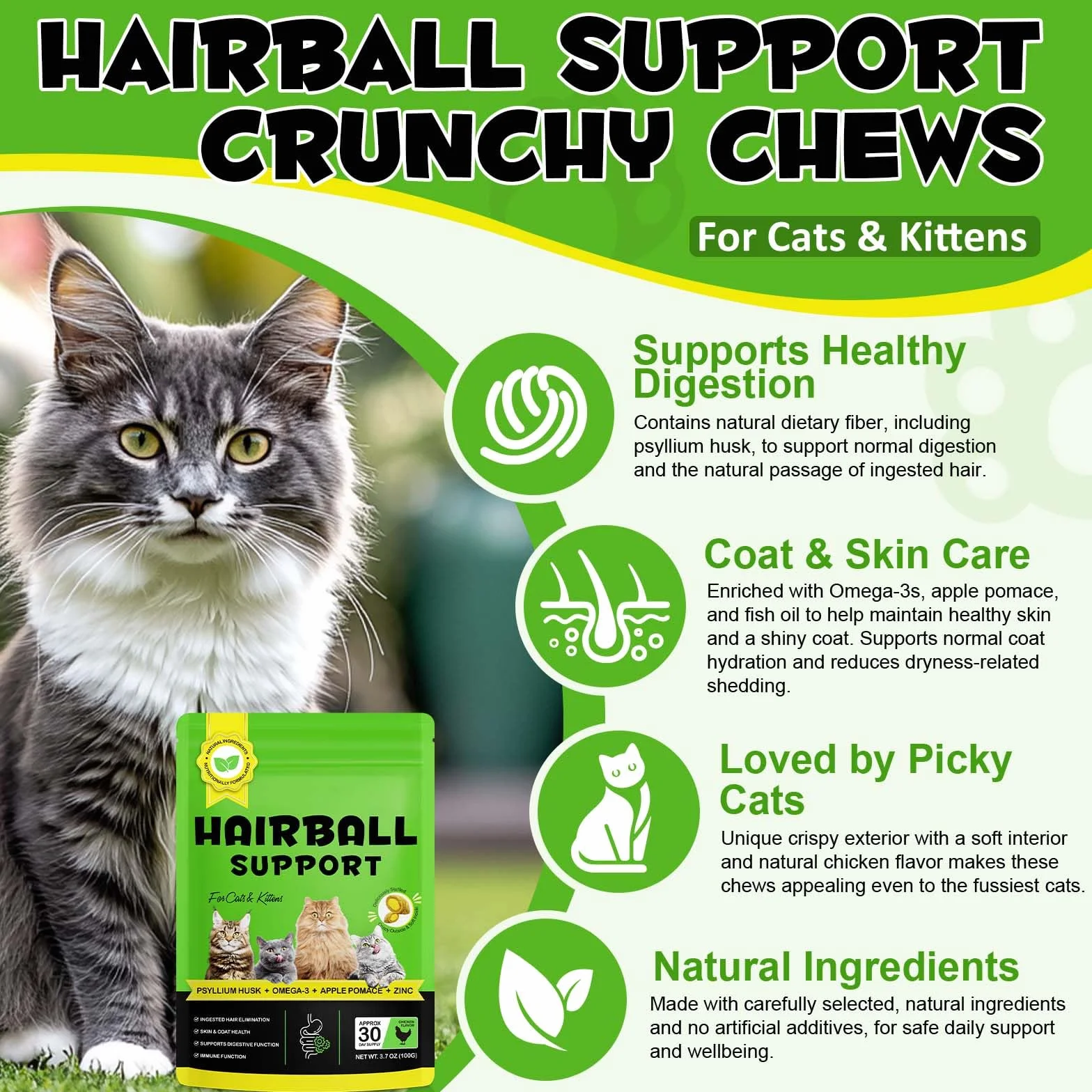 Traitement Boule de Cheveux pour Chats et Chatons, Support Peau et Manteau, Élimine et Prévient les Boules de Cheveux - 100G