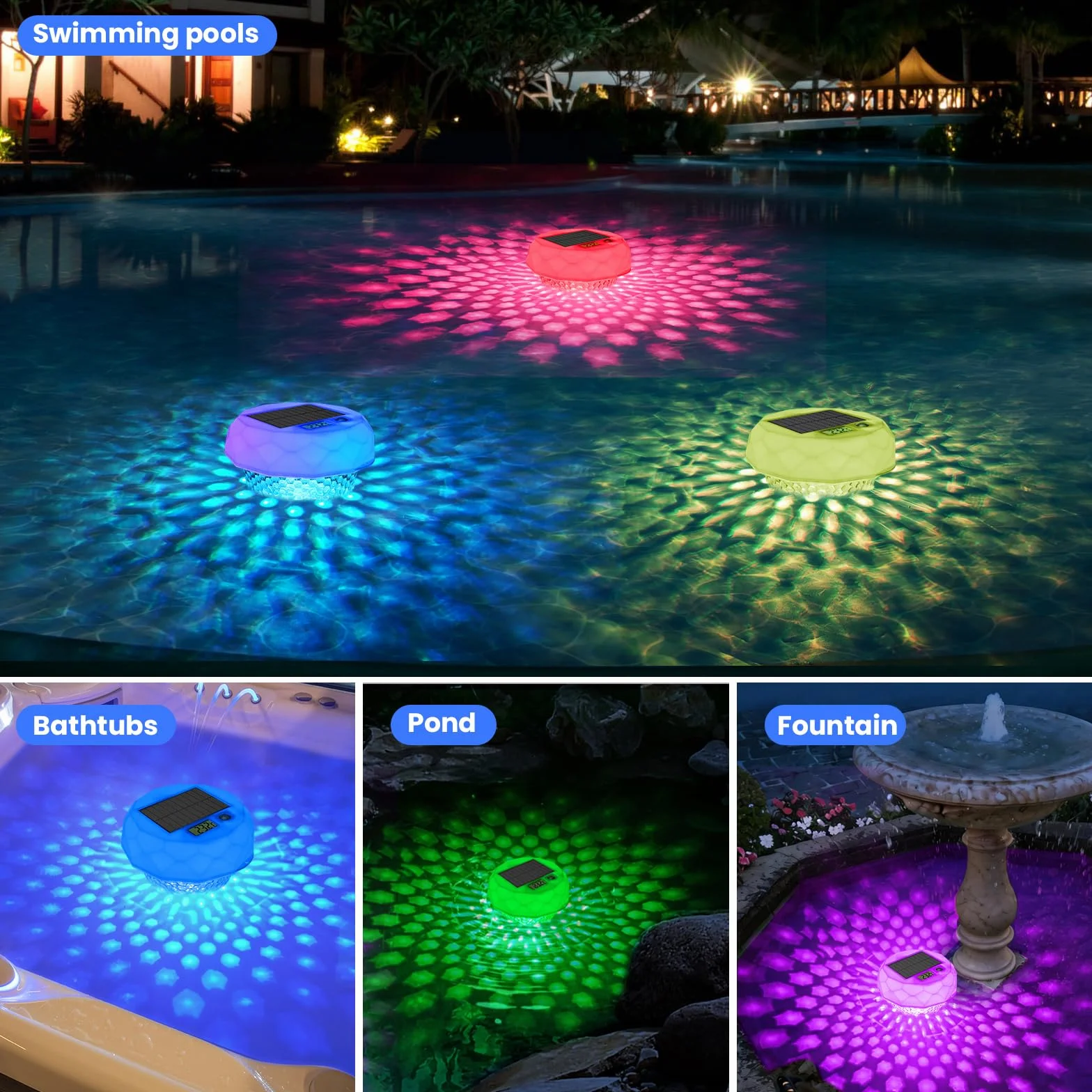 Lumière Piscine Solaire IP68 avec Diffuseur Chlore, Télécommande, 8 Couleurs, Minuterie