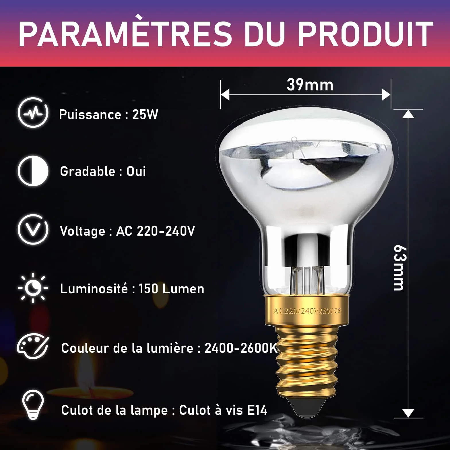 DoRight R39 E14 Ampoule à réflecteur 25W 240V Spot blanc chaud 2400-2600K (Lot de 2)