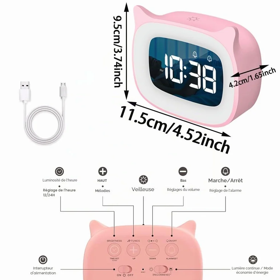Réveil Enfant Éducatif Radio avec Veilleuse Jour/Nuit, Deux Alarmes, 18 Musiques, LED Numérique, Snooze, Rechargeable, Rosa