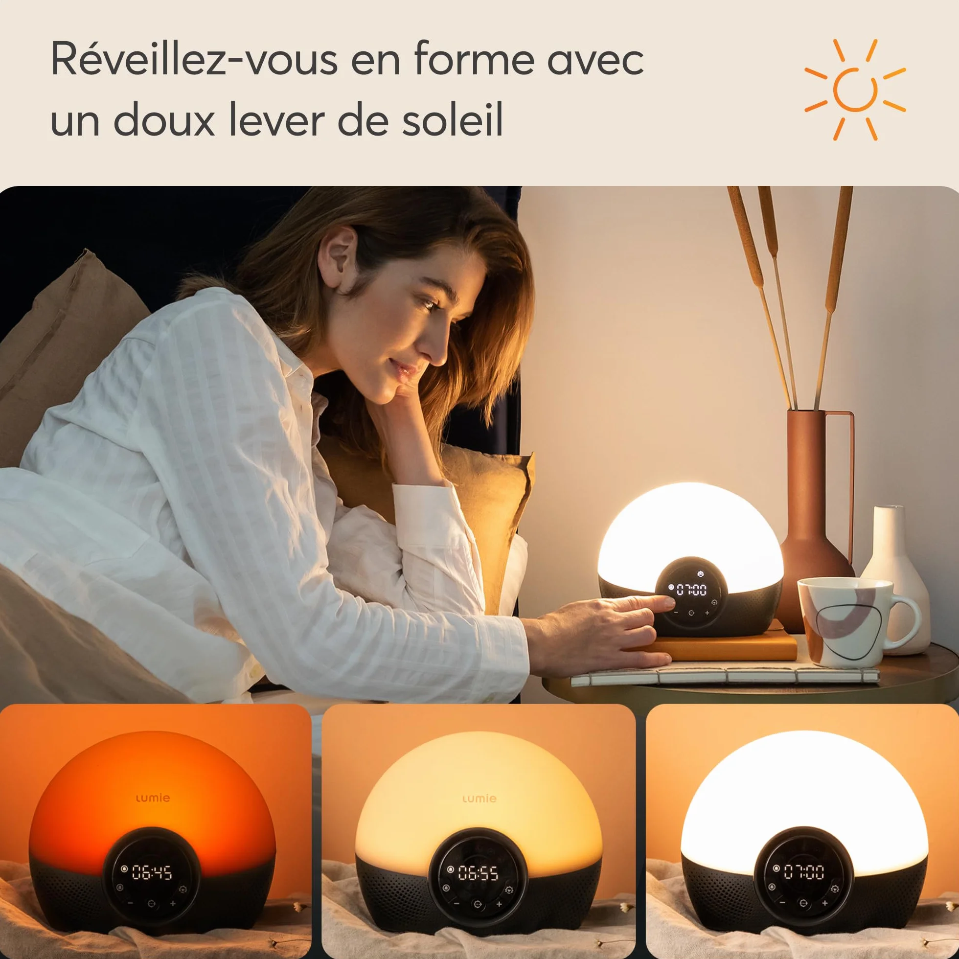 Lumie Bodyclock Glow 150 Réveil Simulation Aube Crépuscule Lumière Réglable 10 Sons Nude Noir