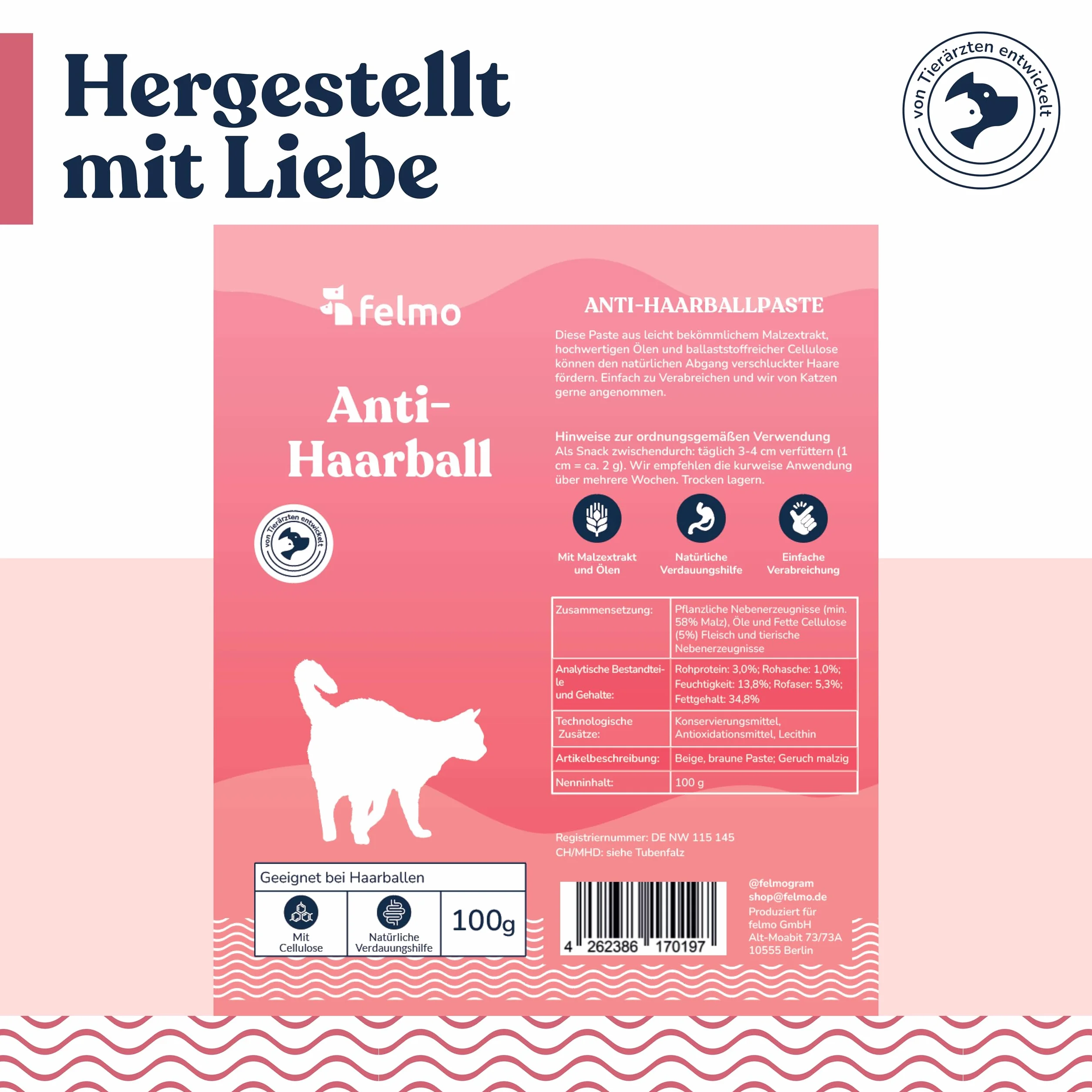 Felmo Pâte anti-poils pour chats 100 g - Empêche boules de poils, favorise digestion - Alternative herbe à chat