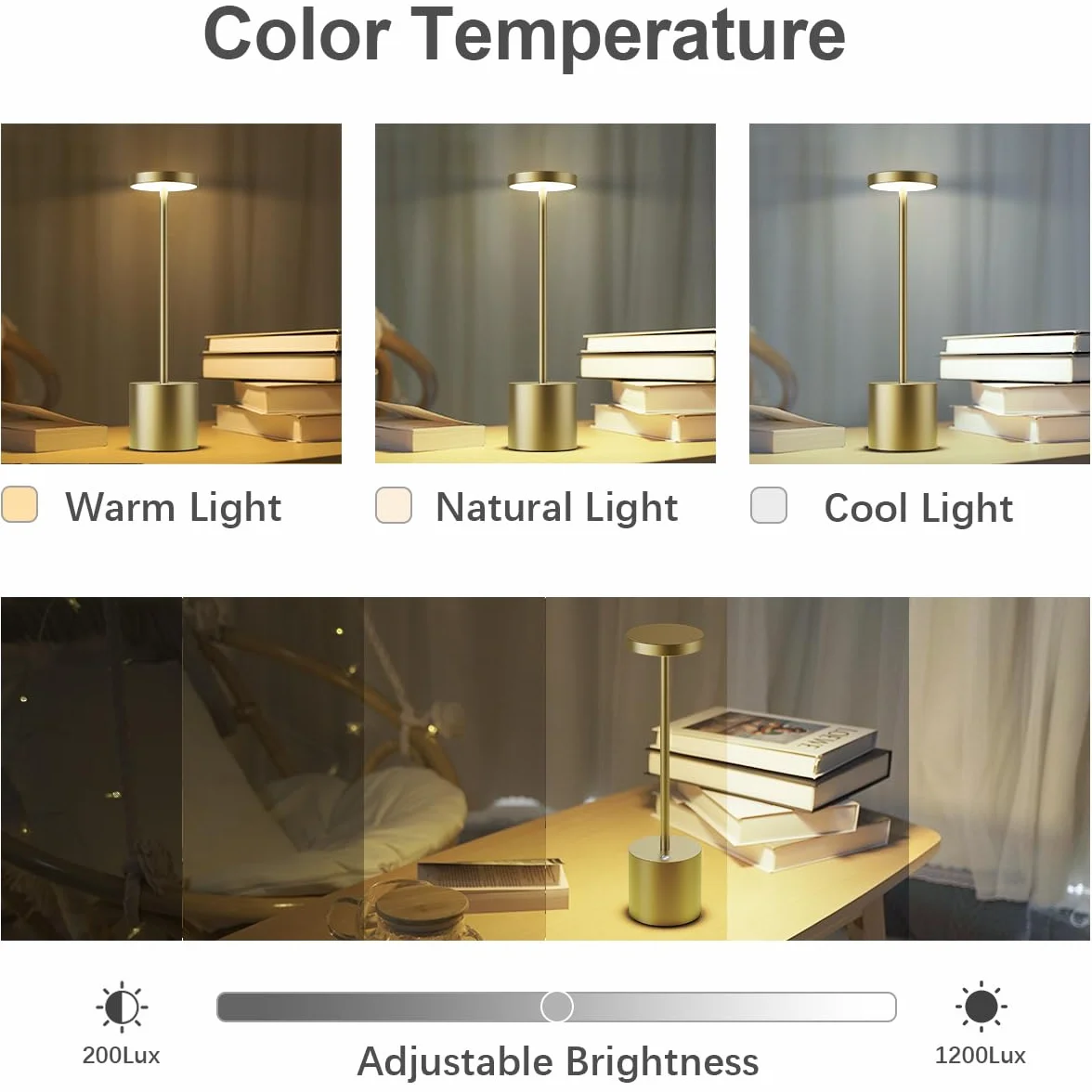 Lampe de chevet tactile sans fil 5000mAh 2 PCS LED rechargeable USB, 3 températures de couleur