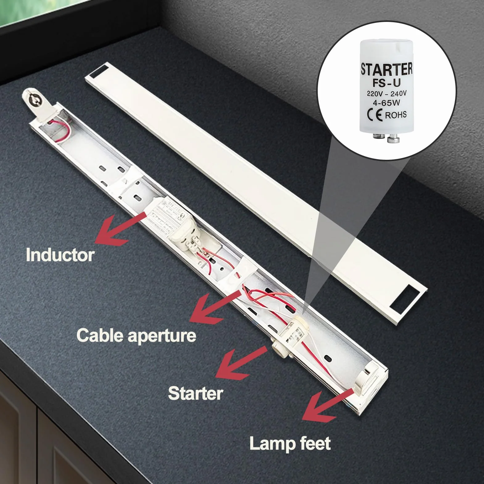 Starter Fluorescent Tube Neon 4-65W 220-240V pour Lampes LED et Néon, Adapté à Divers Supports