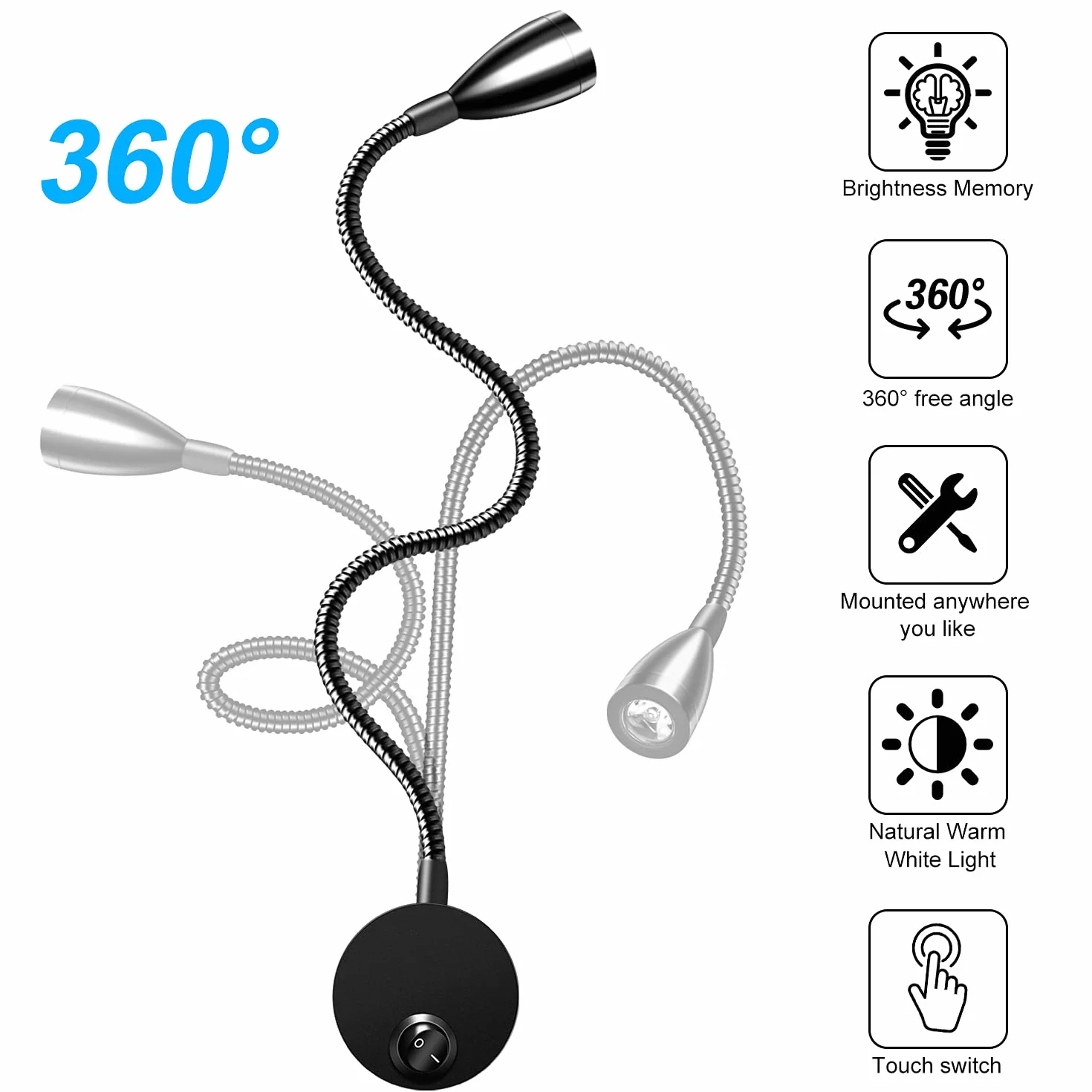 Ledmo Lampe Chevet Murale 2 Pack Applique Liseuse LED Col de Cygne 3W 3000K Blanc Chaud