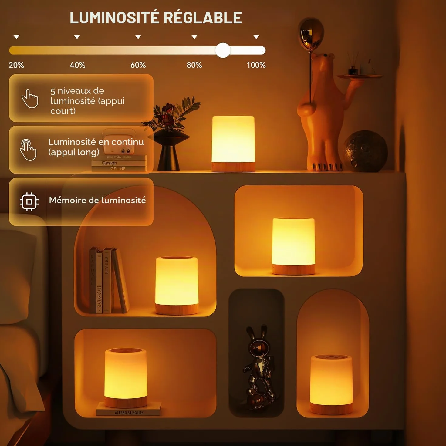 Auxmir Lampe de Chevet LED 256 Couleurs RVB, Veilleuse sans Fil avec Minuteur, 3000mAh Rechargeable USB