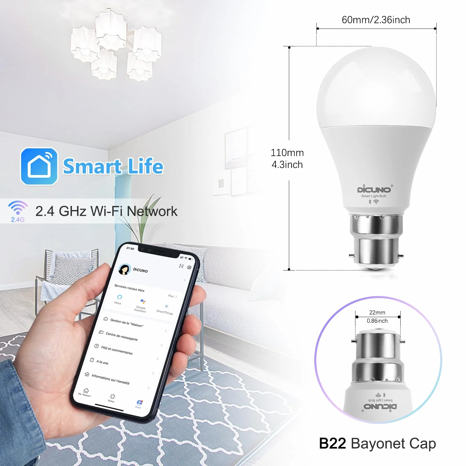 DiCUNO Ampoule Connectée LED WiFi B22 9W Dimmable Multicouleur 2700K-5000K RGBCW 800LM Lot de 2