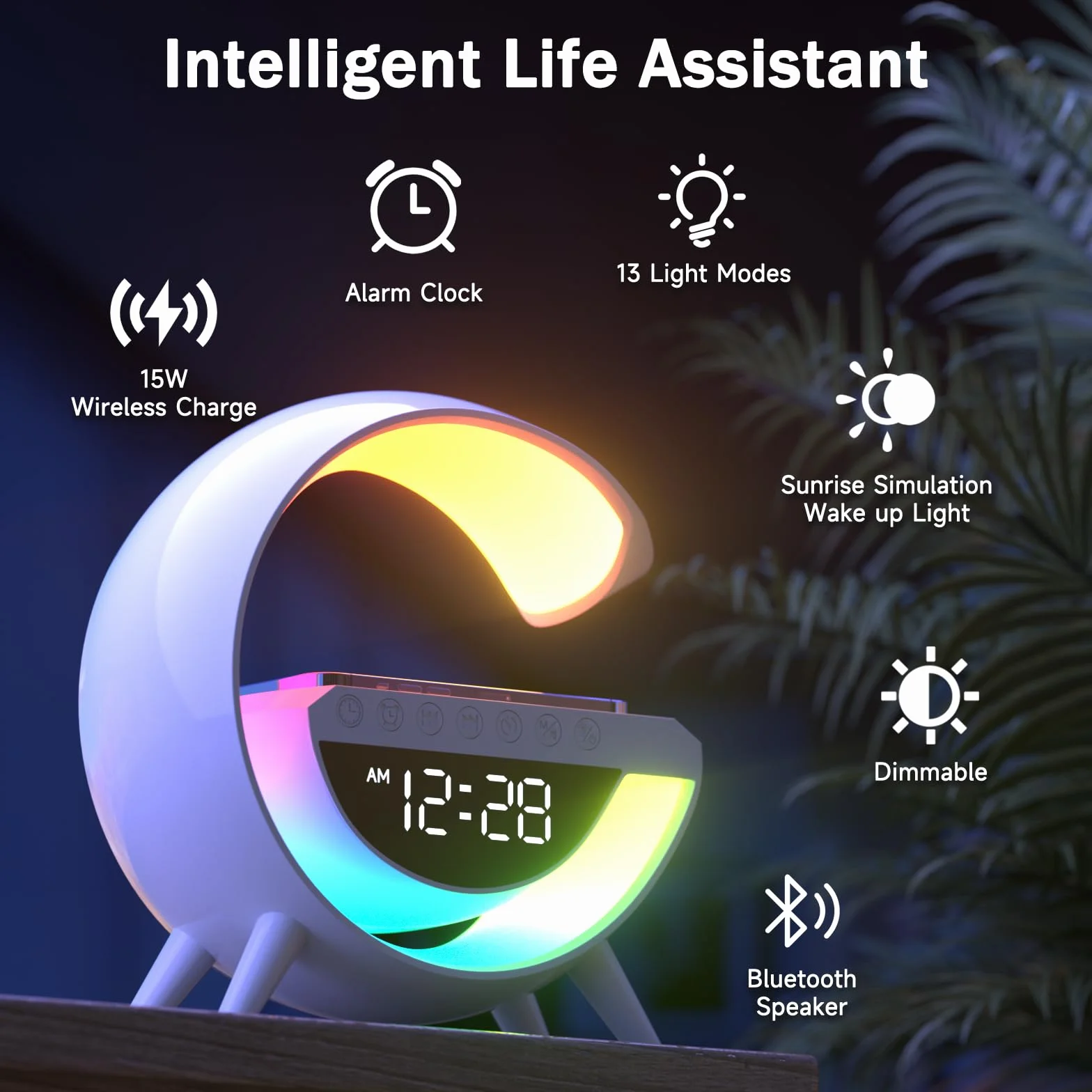 Chargeur sans fil Lampe LED Réveil avec haut-parleur Bluetooth 15W 13 Modes Lumières pour bureau
