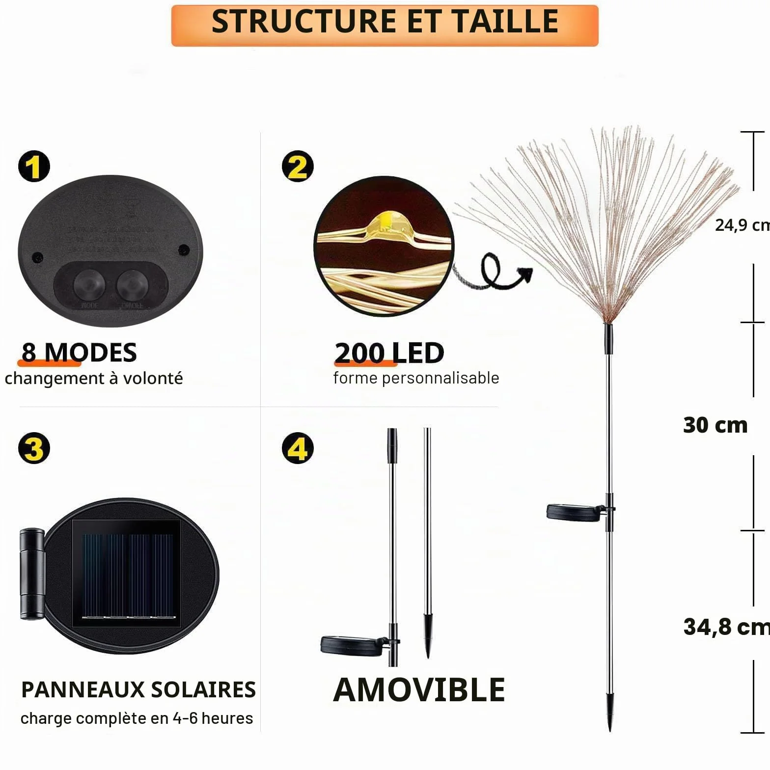 Lampes Solaires Extérieures 200 LED 8 Modes IP65 Acier Inoxydable 51in 2/3 Tiges Réglables Lot de 2