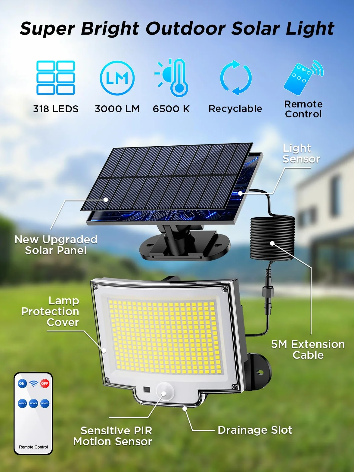 SIGRILL 318 LED Lampe Solaire Extérieur Détecteur de Mouvement, 3000LM, 3 Modes, IP65, 2 Pièces