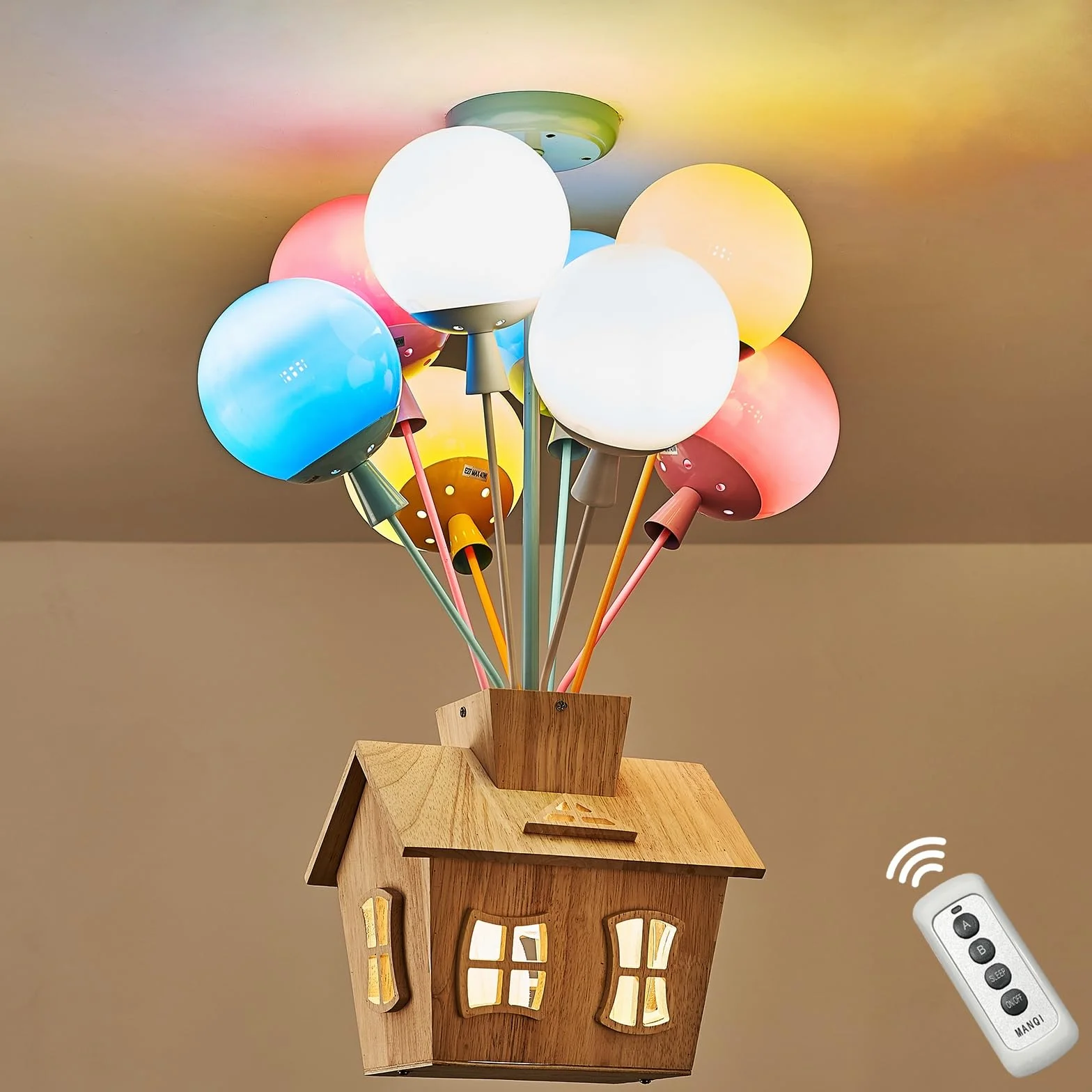 Lustre Moderne Plafonnier Enfant LED Bois Télécommande Ballon Verre Rond Chambre