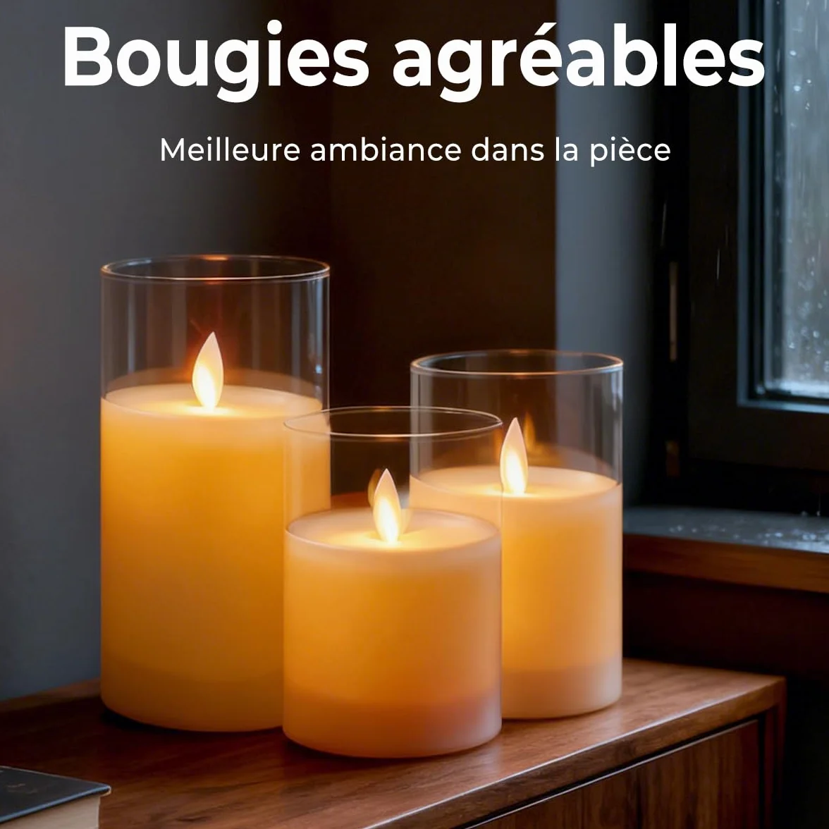 Bougies LED Rechargeables Flamme Vacillante Sans Fil, Télécommande Minuterie 2/4/6/8h, Lot de 3 Verre Transparent Blanc