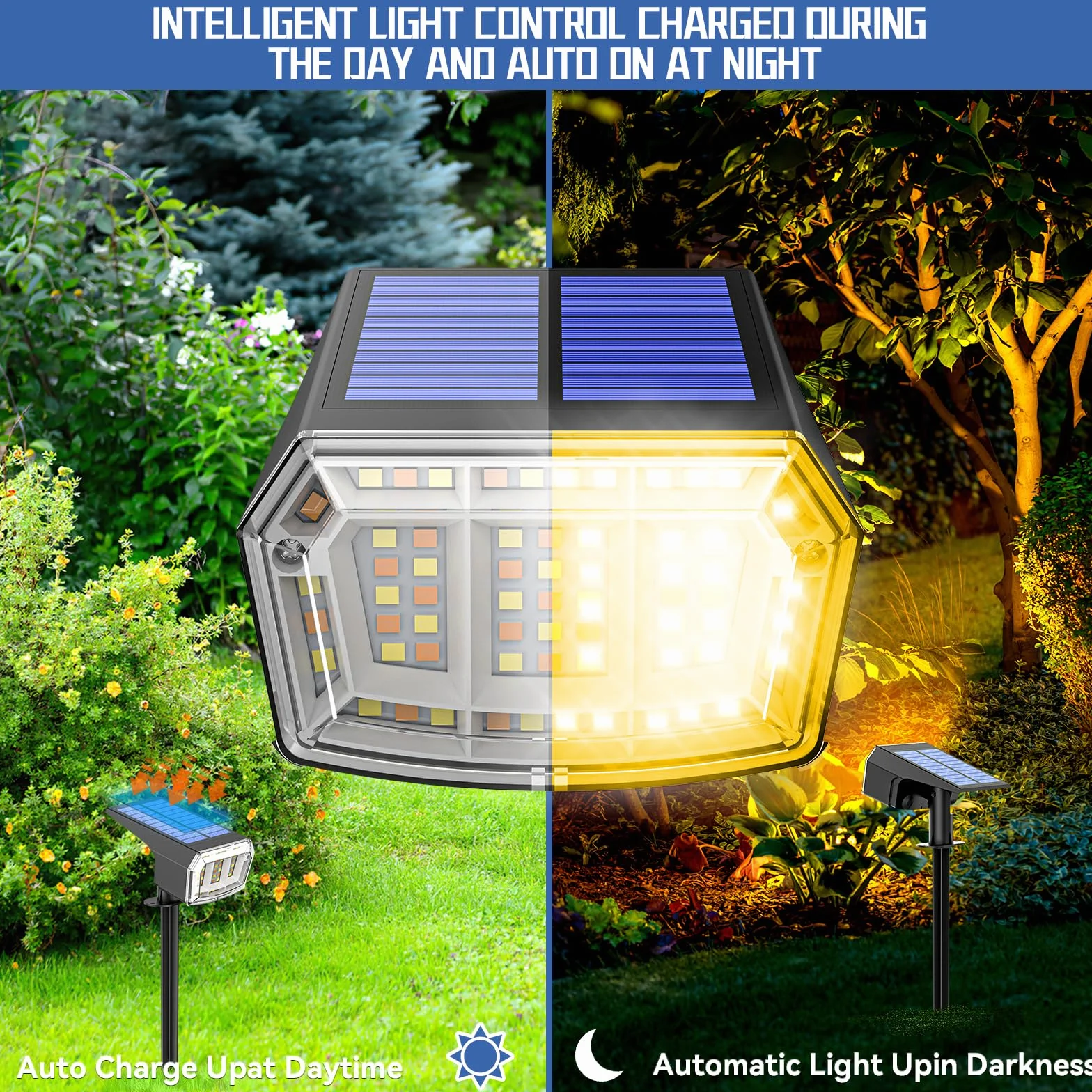 EVARY 63 LED Lampes Solaires d'Extérieur 6 Spots IP65 5 Modes Jardin