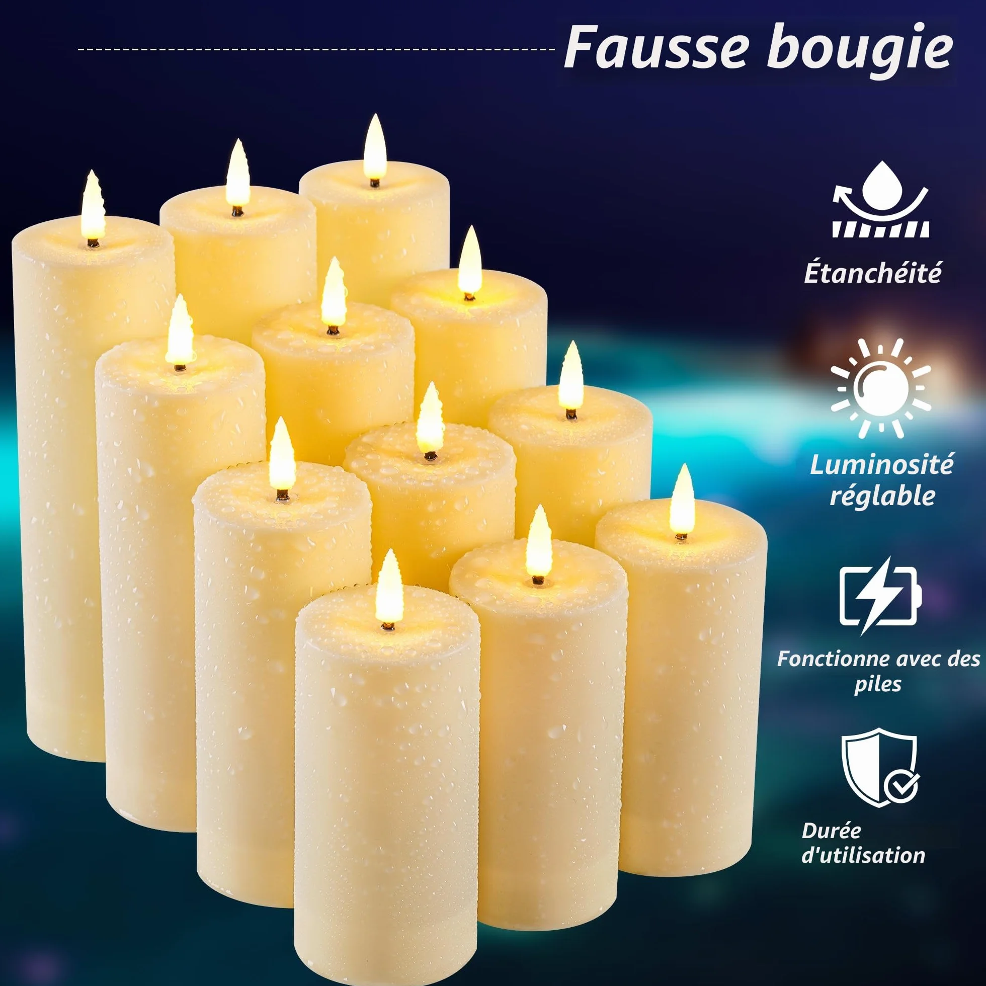 Bougies LED Étanches à Flamme Scintillante, Méche Noire Réaliste, Télécommande, Plastique Résistant, Réutilisable