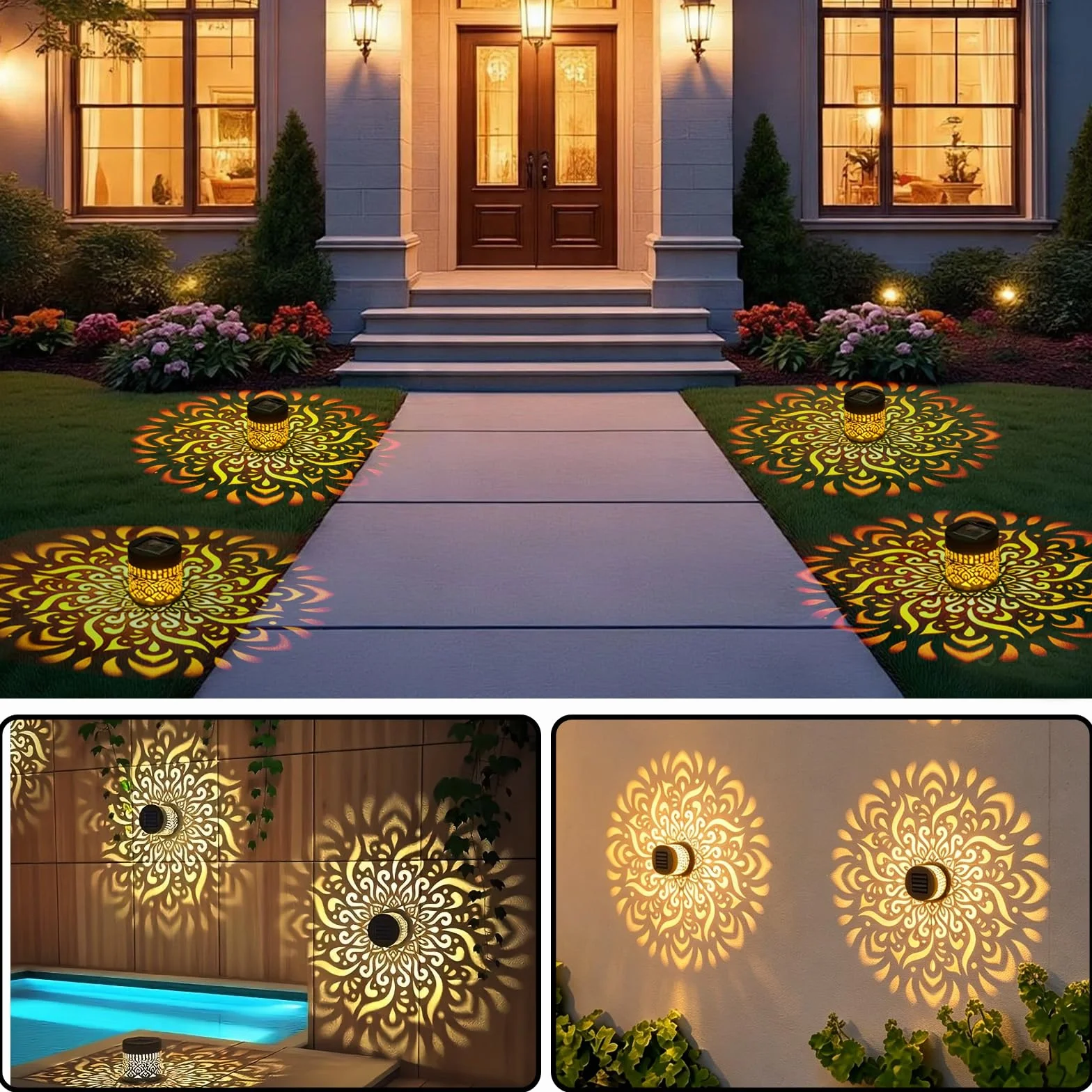 Lanterne Solaire Mandala Métal LED Nomade Etanche Exterieur Suspendre Lampe Solaire Exterieur Poser 2 Pièces