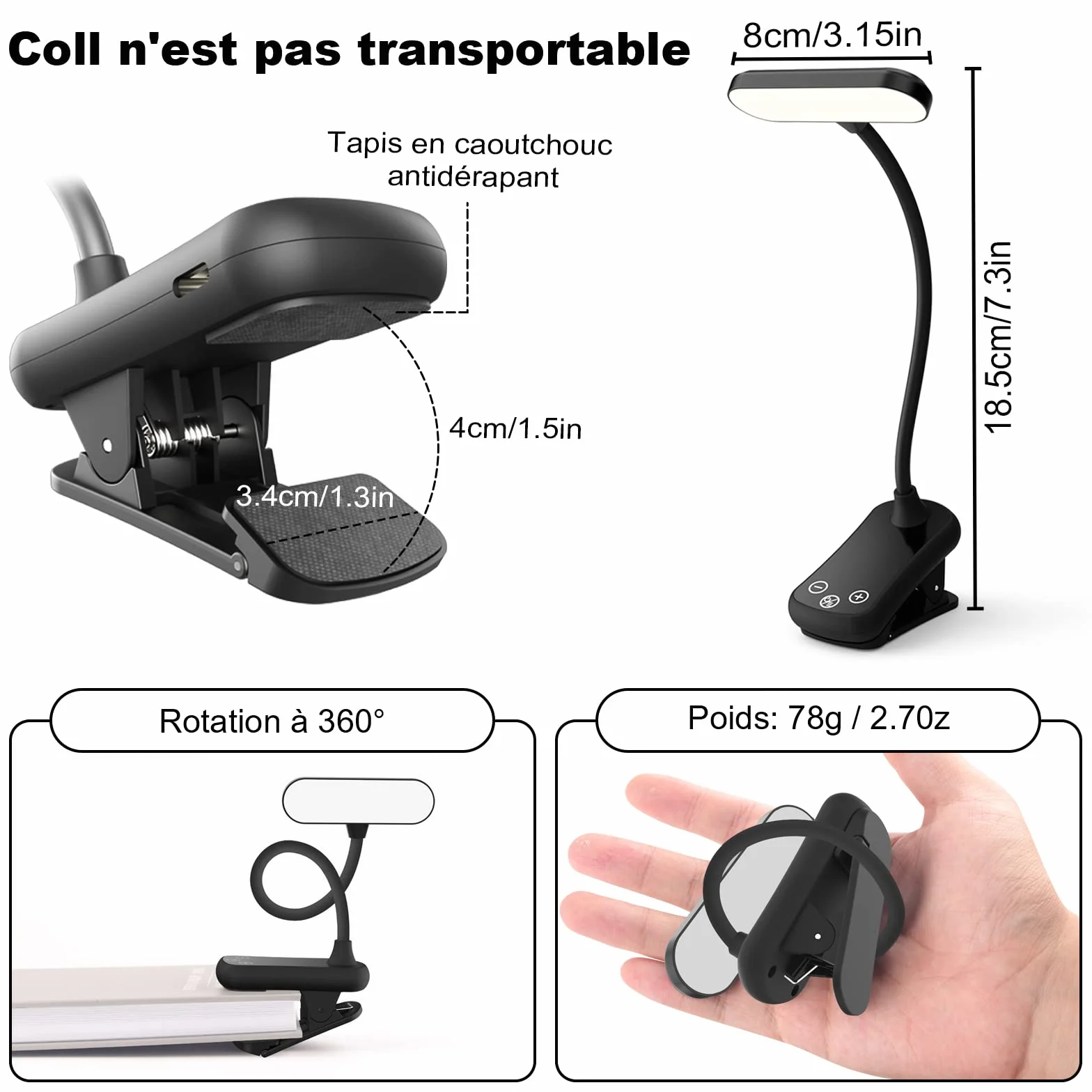 Lampe de Lecture Horizontale LED Rechargeable USB, 20 LEDs, Portable, Contrôle Tactile, 3 Couleurs, 1000mAh