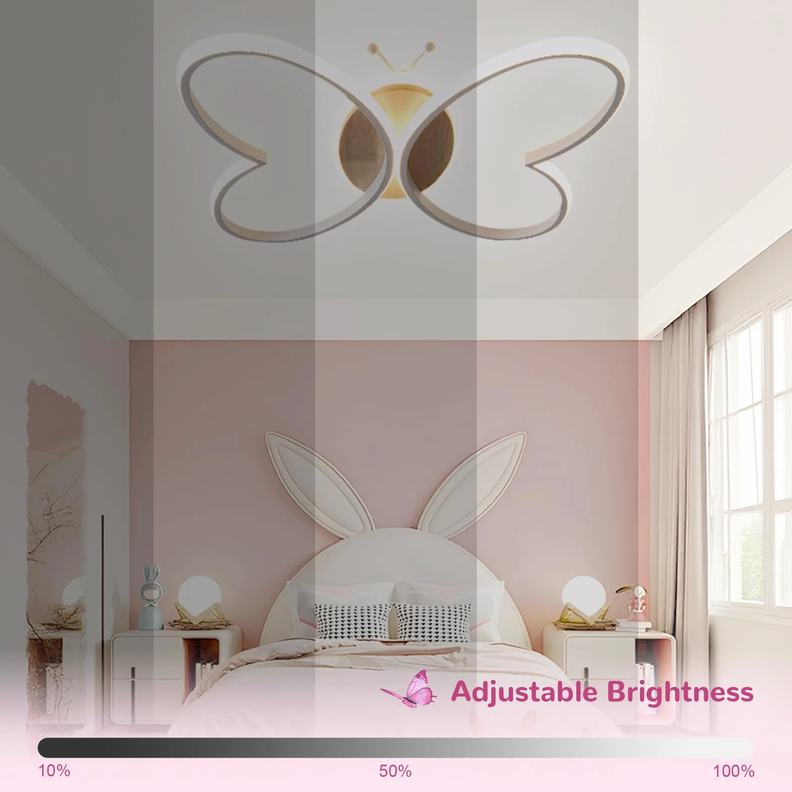 Lampe Plafond Chambre Enfant 58W LED Avec Télécommande Fonction Veilleuse Papillon Blanc