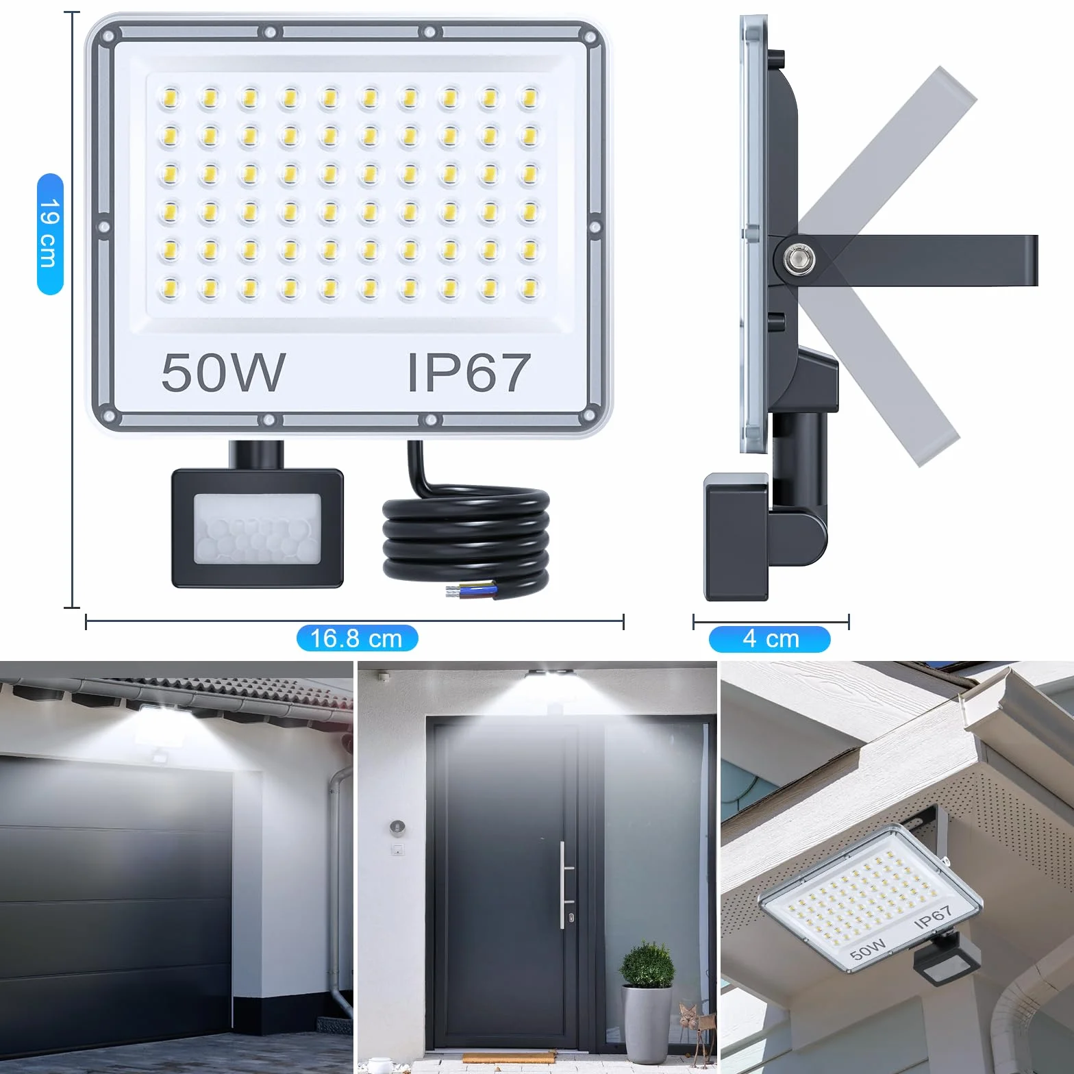 YIQIBRO Projecteur LED Exterieur Detecteur de Mouvement 50W 5000LM 7000K IP67 Etanche Jardin Patio Garage