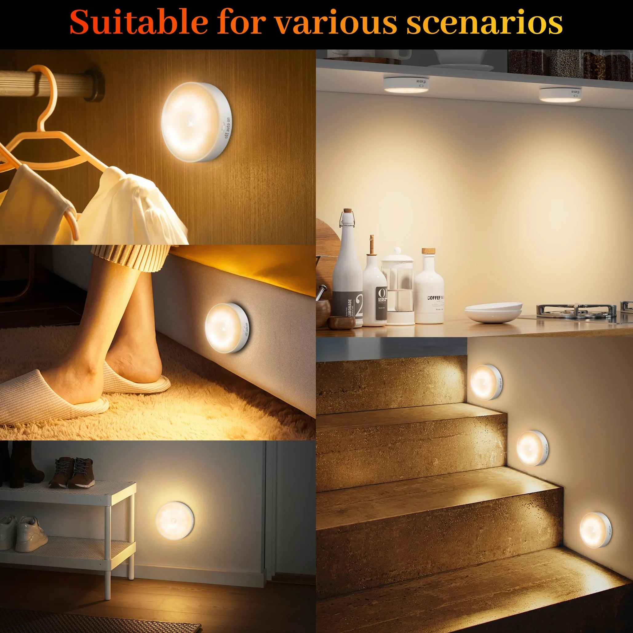 Lot de 6 veilleuses LED rechargeables USB avec détecteur de mouvement, 3 modes, lumière chaude