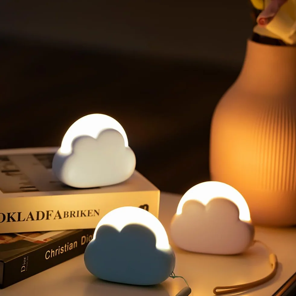 Veilleuse Enfant LED Nuage 4 Niveaux Luminosité Rechargeable Corde Silicone Lampe Chevet Blanc
