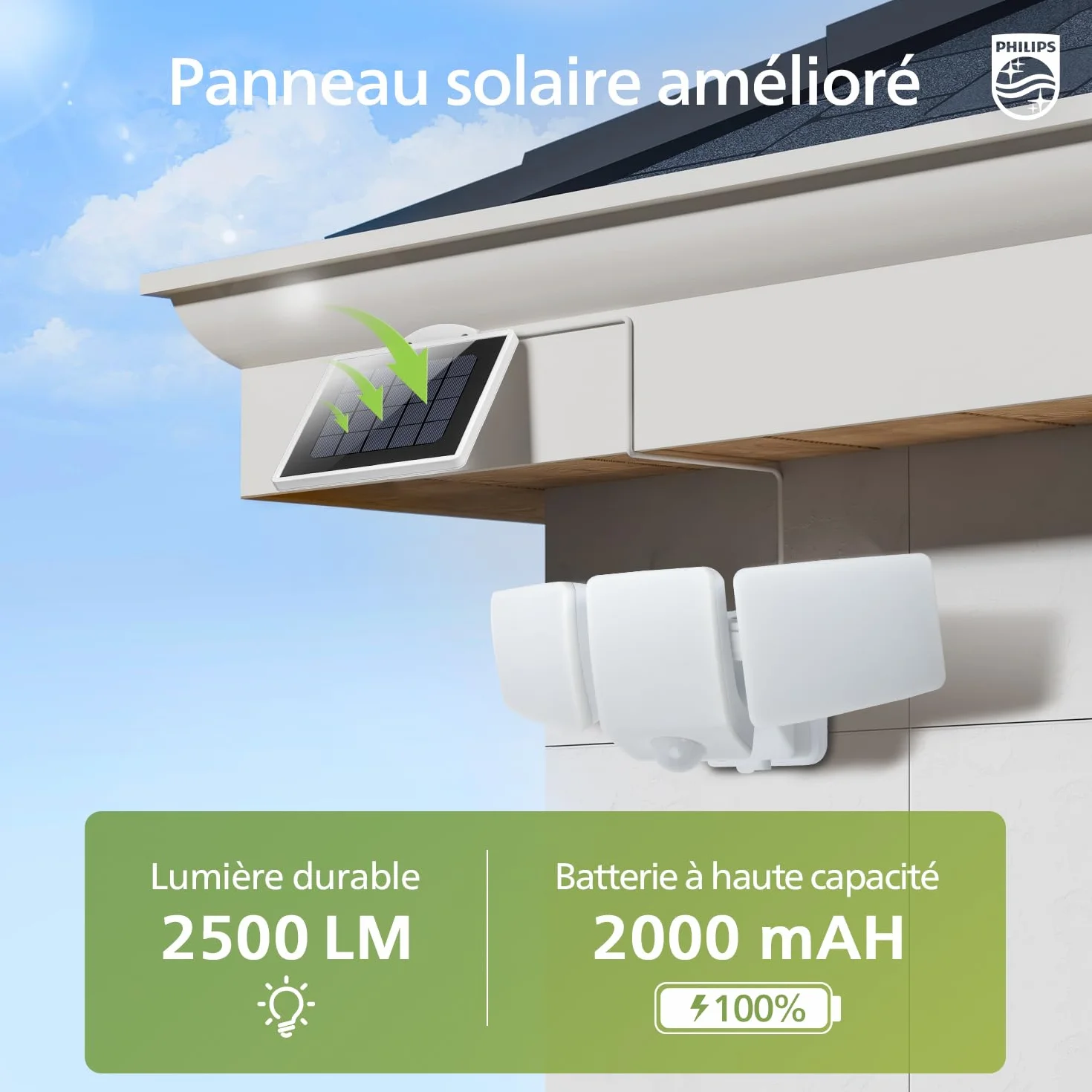 Philips Lampe de Sécurité Solaire LED 3600LM Extérieur Détecteur de Mouvement 3 Têtes Orientables